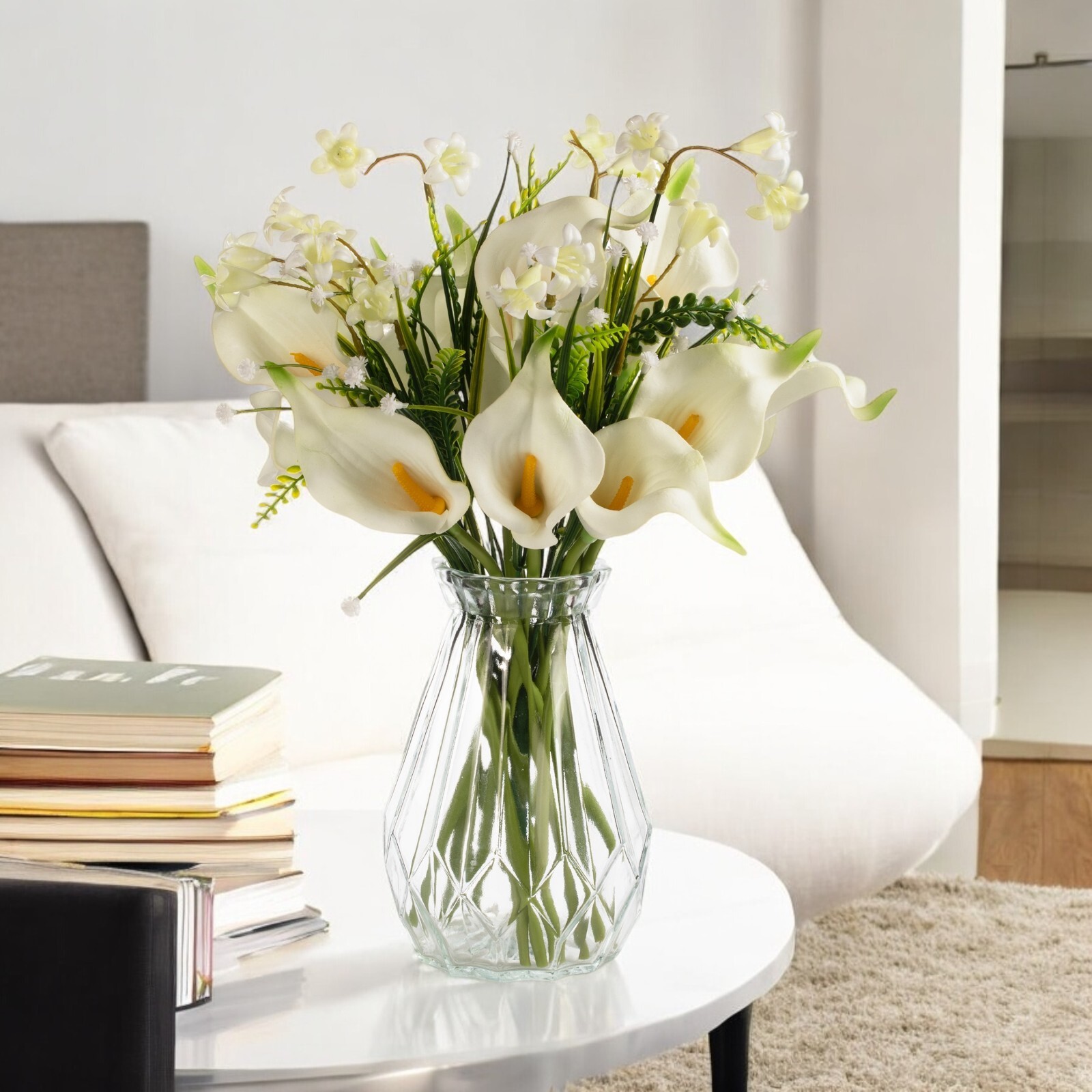 13″ Mixed Real Touch Calla Lily Flower with Filler in Glass Vase for Home Decor