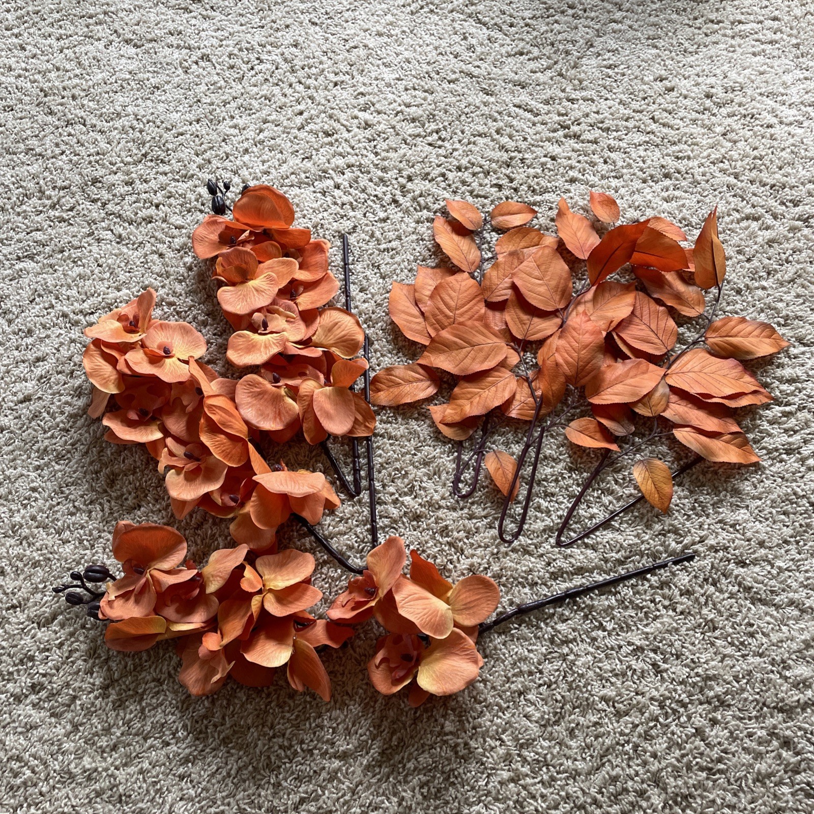 Artificial Silk Orchid Stems And Leaves – Orange