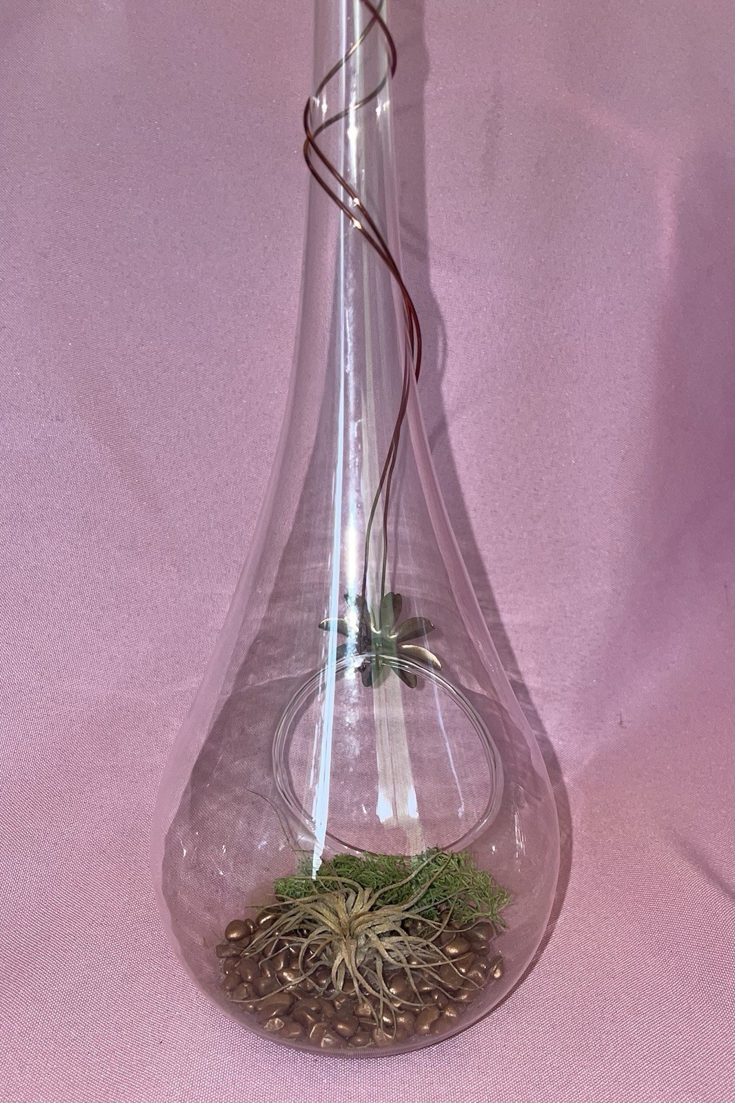 16” Blown Glass Teardrop Hanging Globe Terrarium Copper Flower Accent