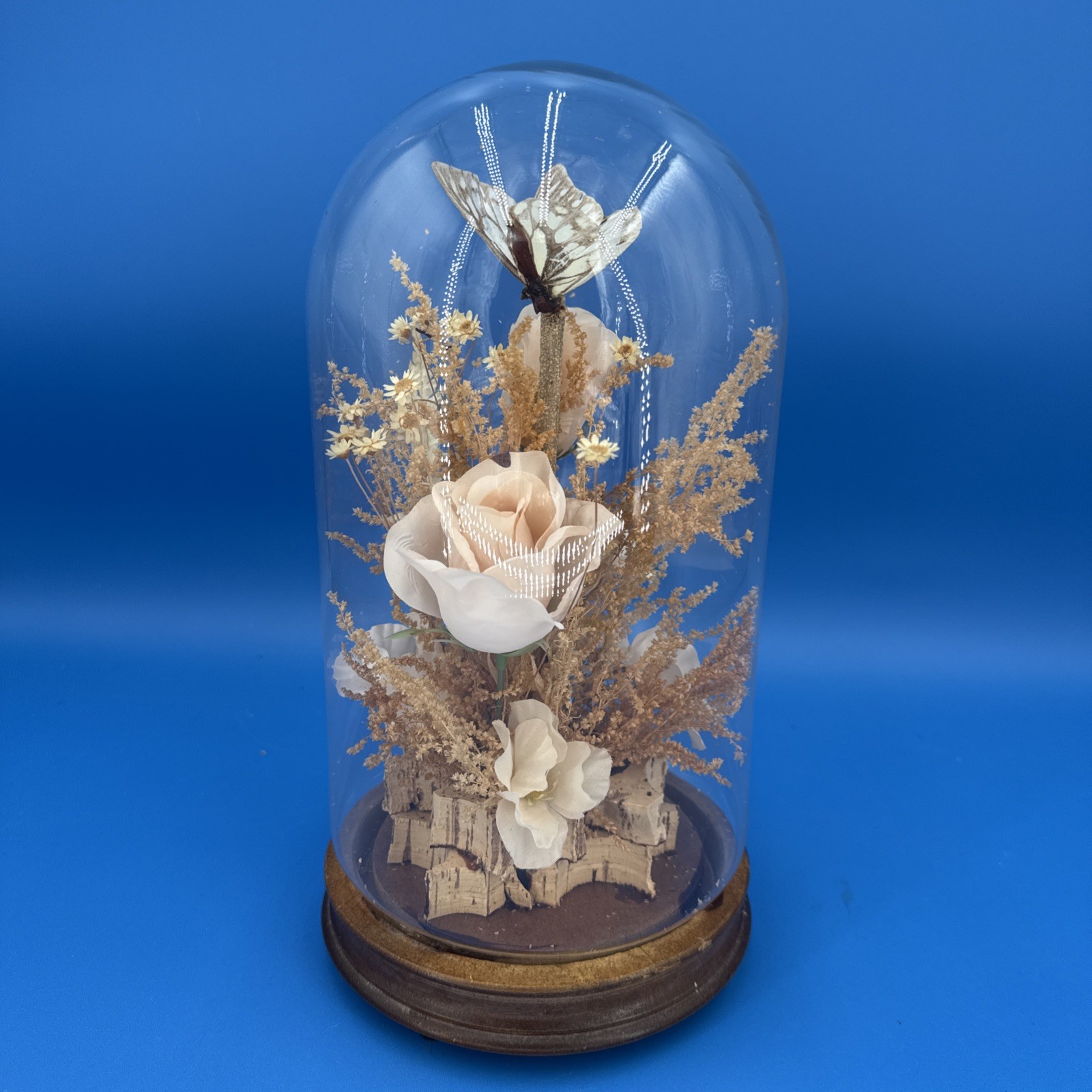 Vintage Butterfly & Flowers Under Glass Dome Wood Base