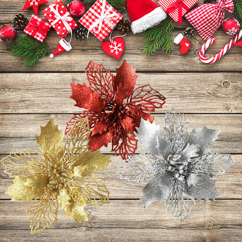 10/5pcs Glitter Christmas Poinsettia Hanging Flowers Xmas Party Tree Decorations