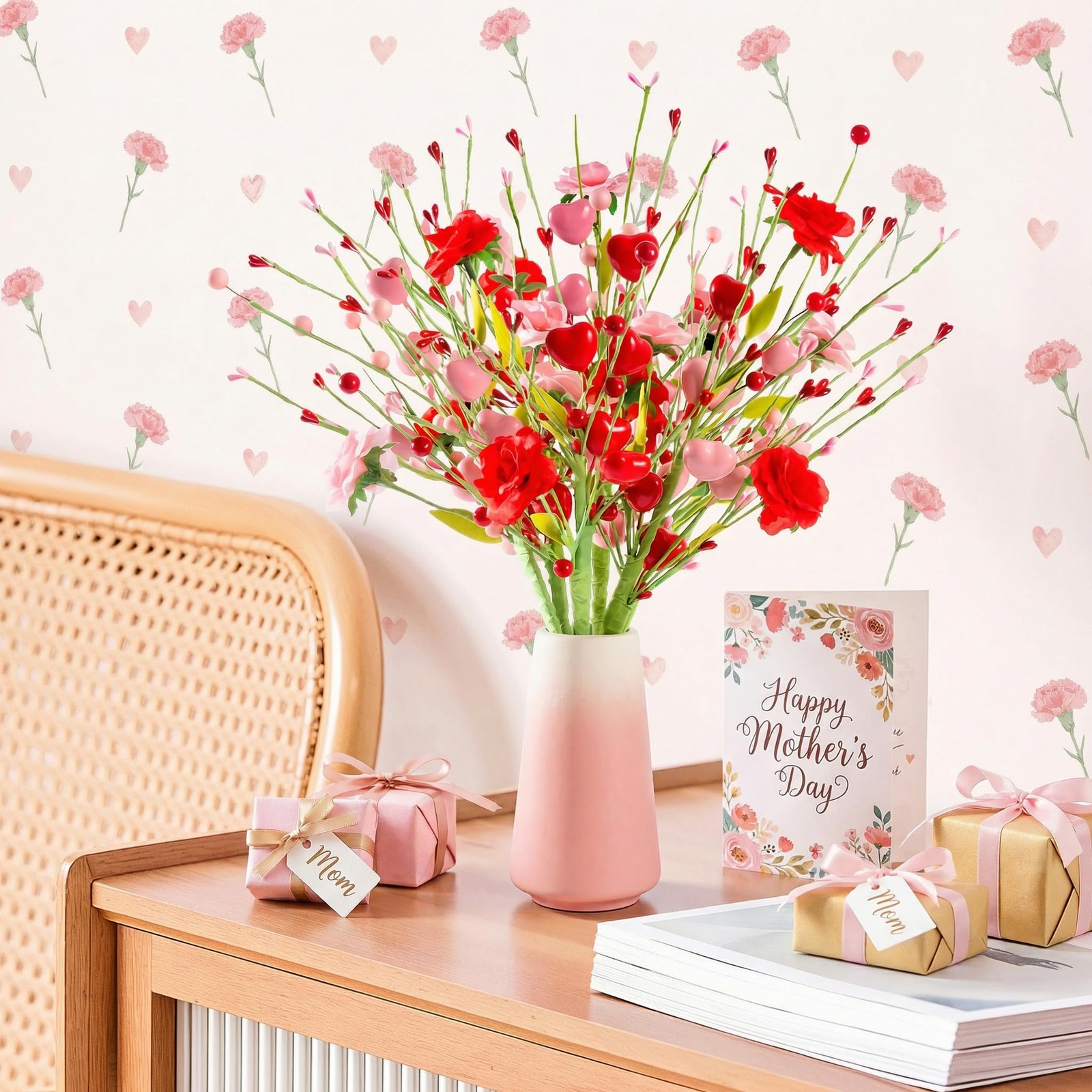 5 PCS Artificial Rose Bouquet Pink Red Fake Roses Hearts Berries Centerpieces