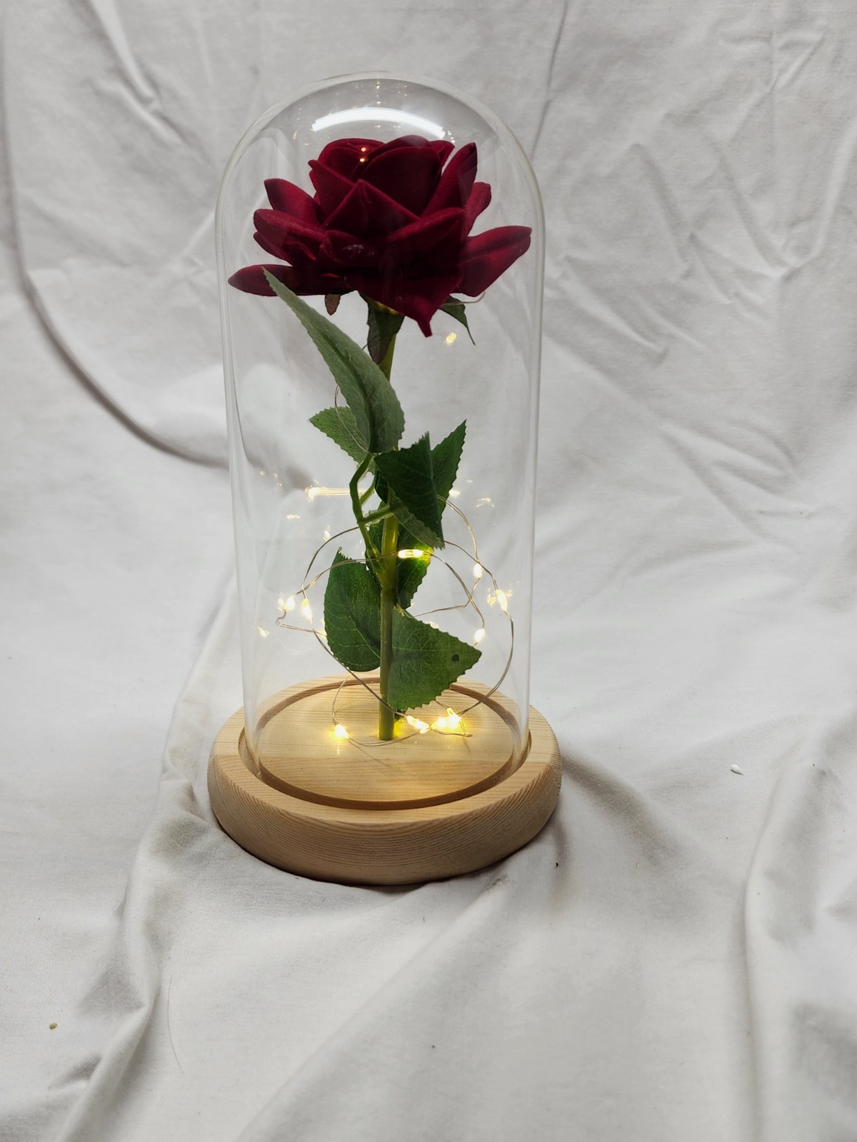 Beauty and the Beast Artificial Red Rose Glass Dome LED Lights Wood Base