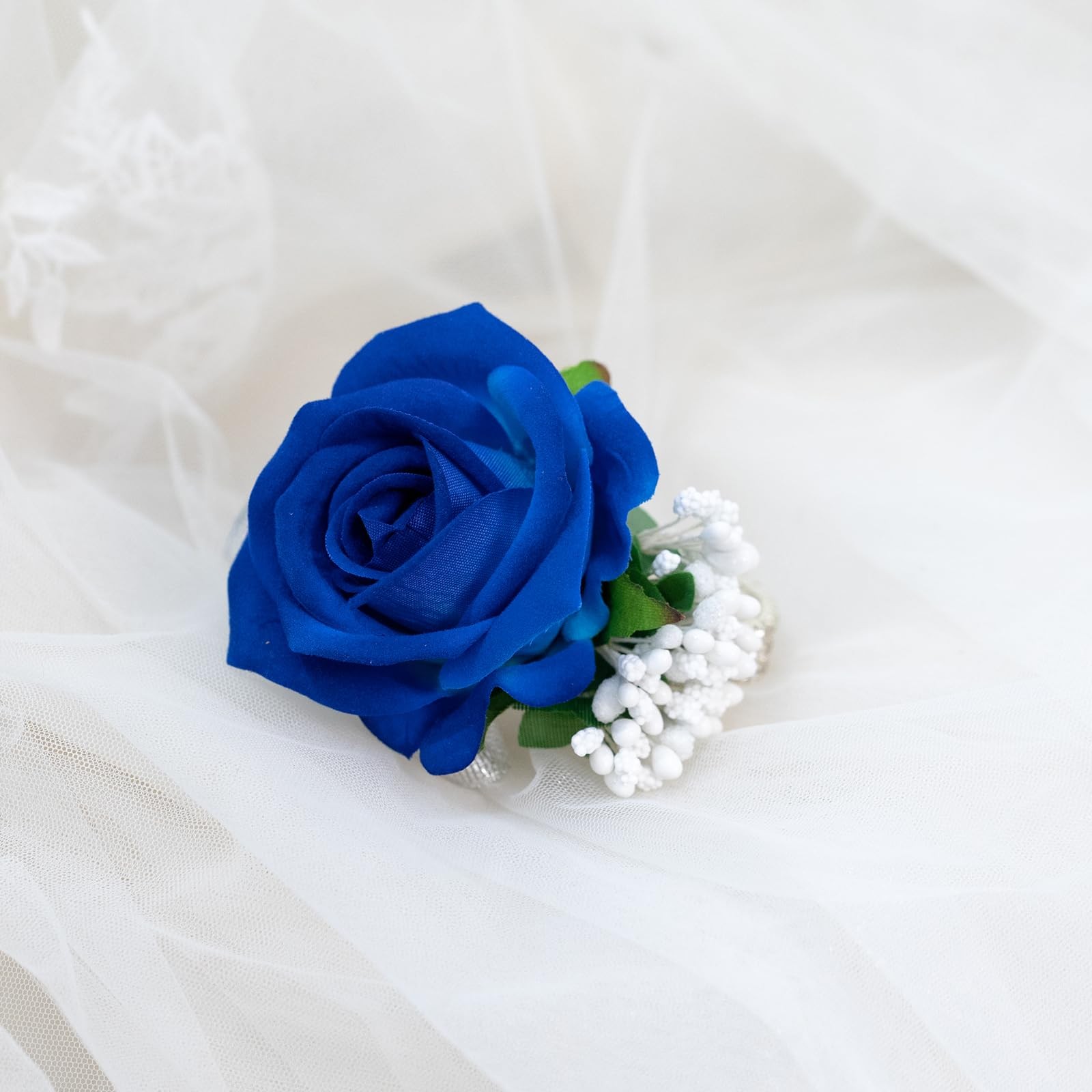 2 PCS Blue Rose Corsage & Boutonniere Set Wristlet Mens Prom Wedding Decor