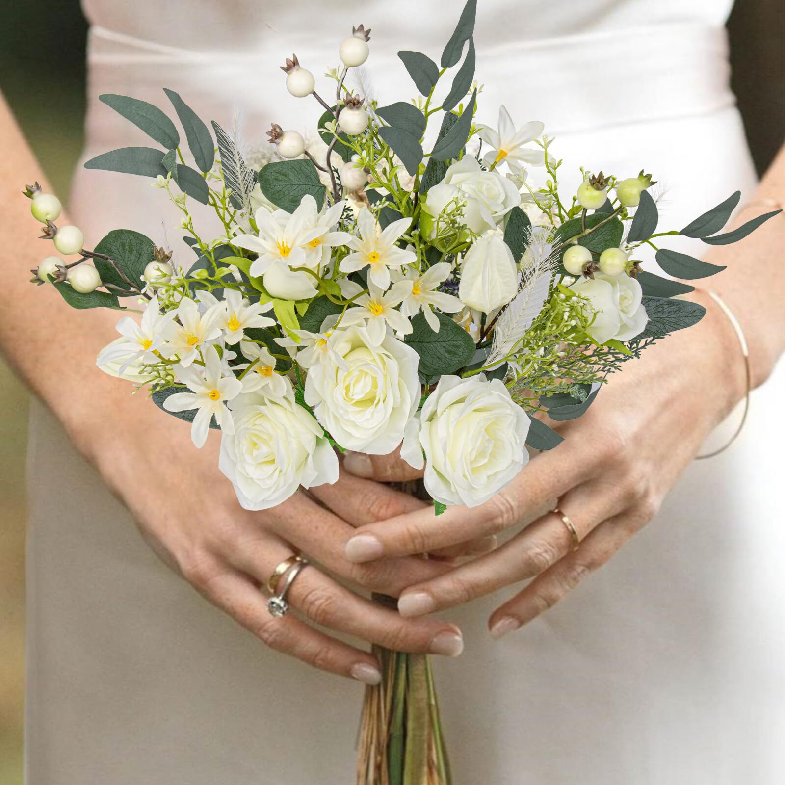 Silk Flower Bouquet, 6 Stems, Rose & Berries, Home Decor (White)