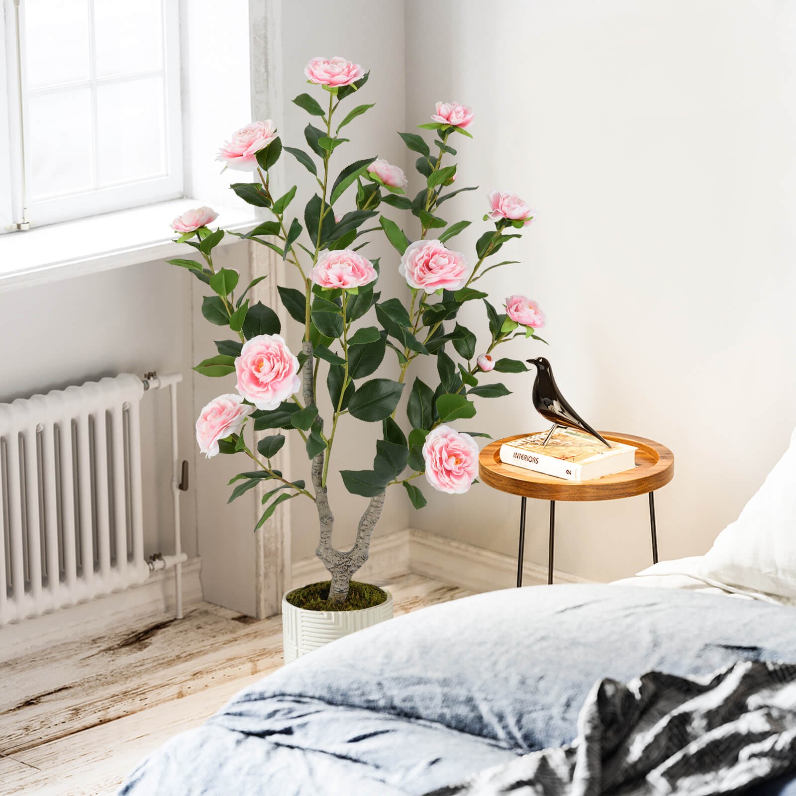 36″ Artificial Camellia Tree Fake Potted Tree Greenery Floral Plant Modern
