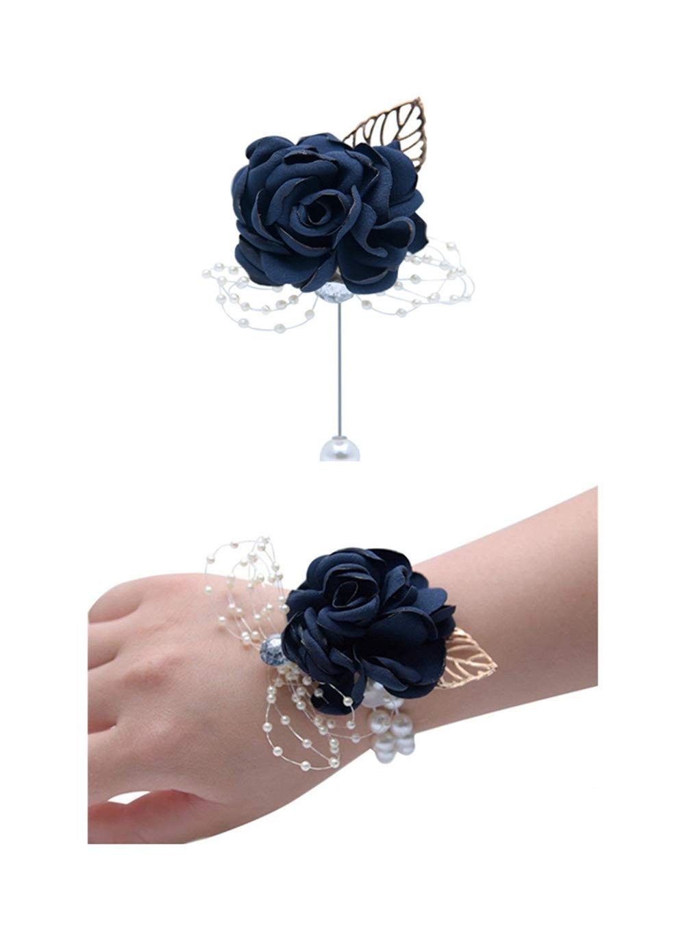 Dark Blue Rose Wedding Wrist Corsage Boutonniere Set Party Prom Ribbon Flower