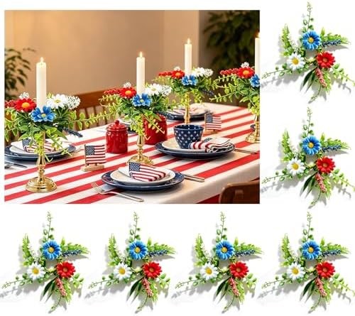 6 PCS Patriotic American Taper Candle Rings Wreaths 1.38″ Mini 4th of July Flora
