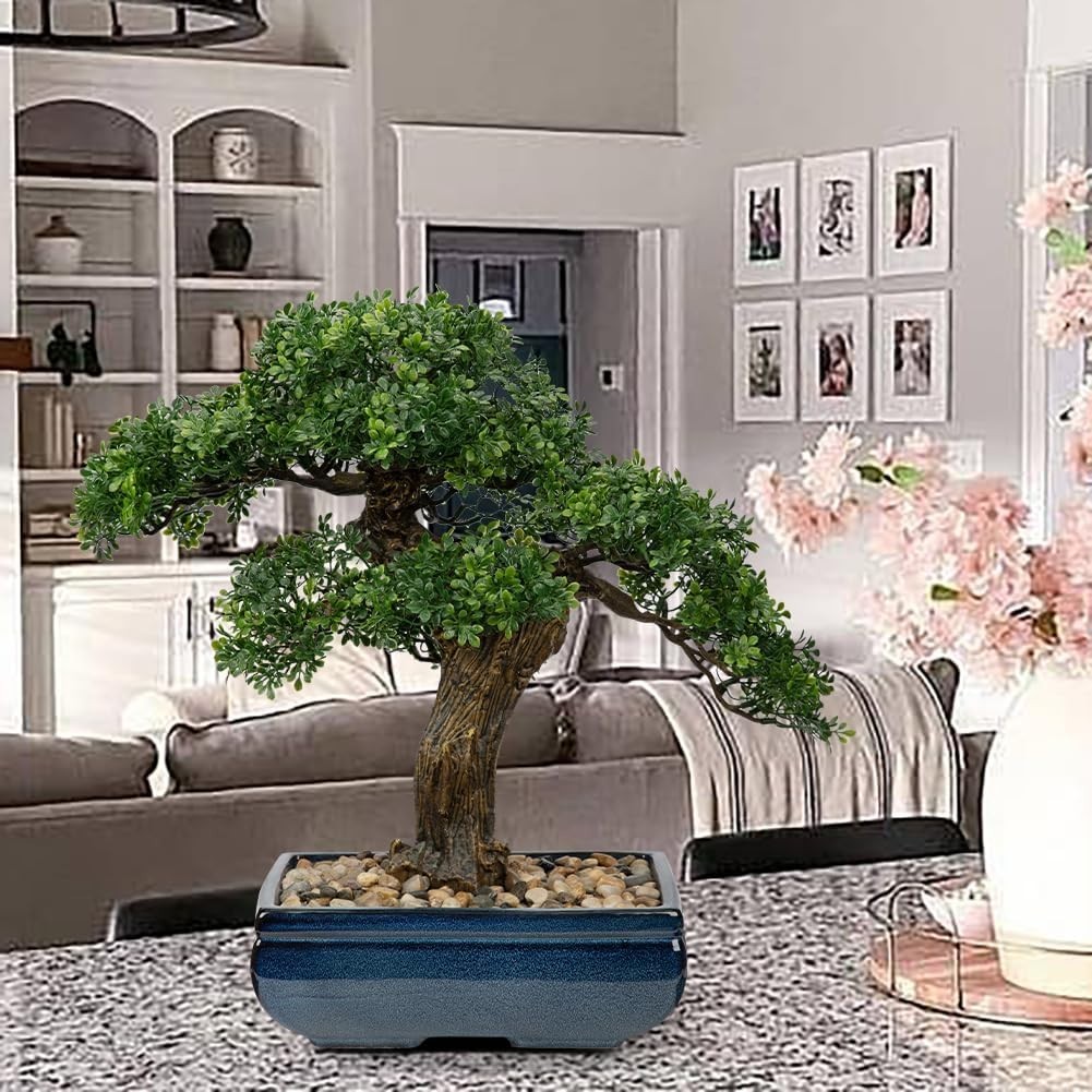 Mini Juniper Bonsai Tree with Blue Ceramic Pot**-/`