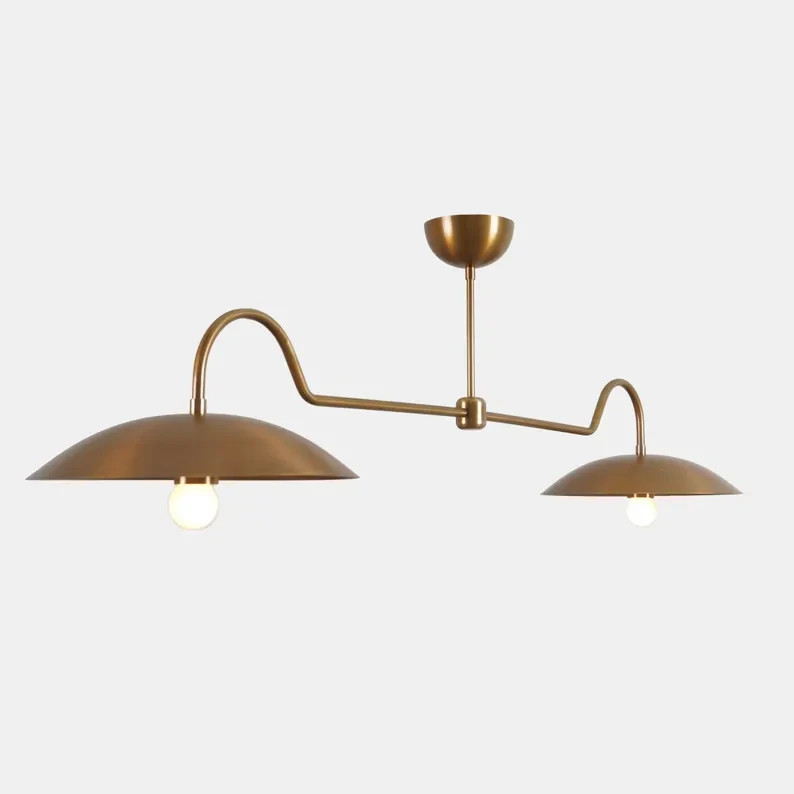 Linear Double Shade Brass Chandelier, Italian Style Mid Century Modern Brass Cei