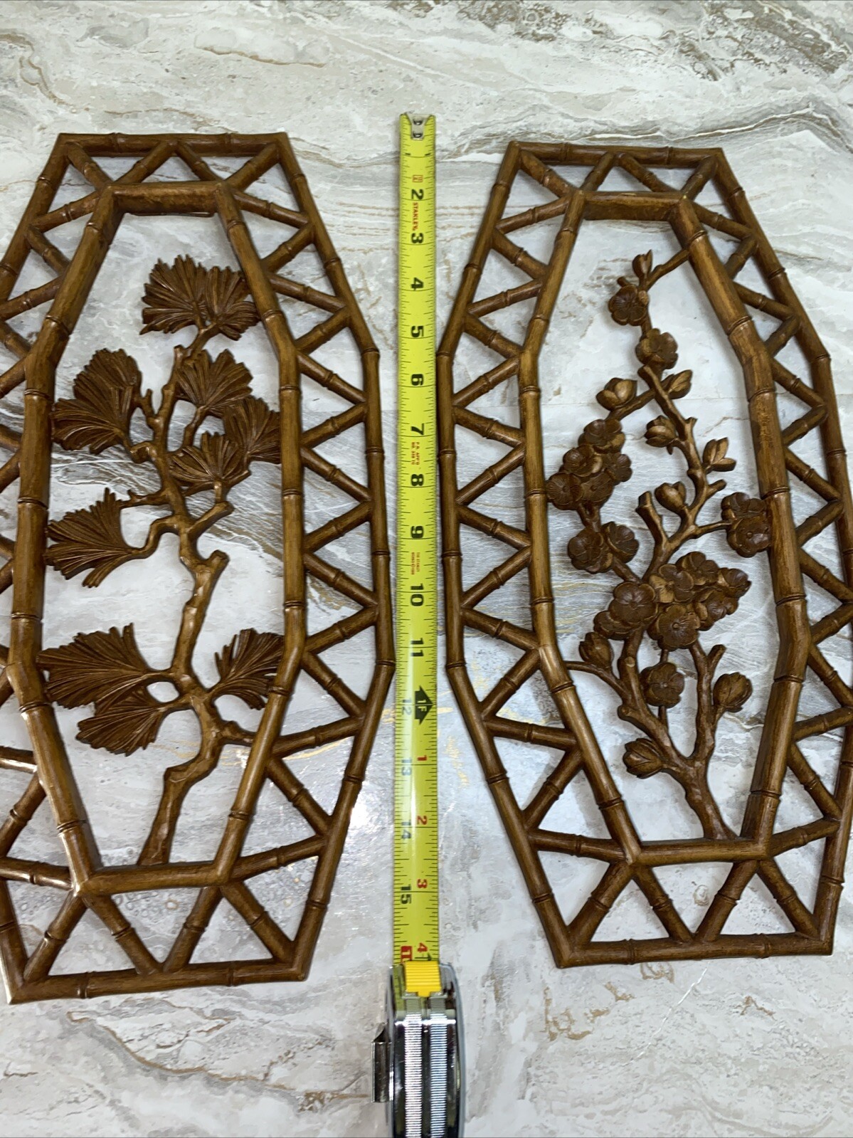 Vtg SYROCO Pair Bamboo Floral Wall Plaques Dart 7412 A & B Homco Retro MCM Boho