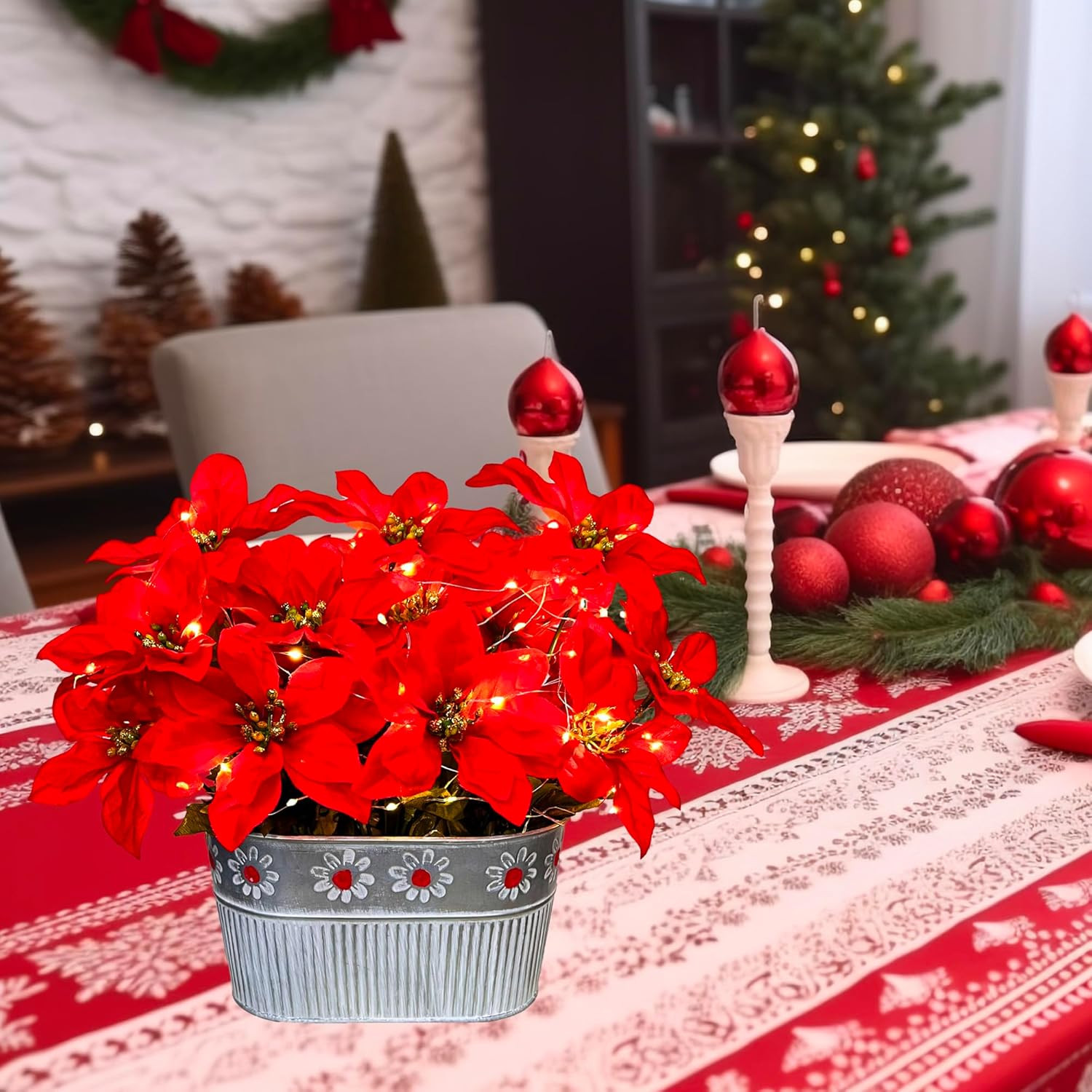 Christmas Poinsettia Table Centerpiece – Rustic Metal Pot with LED Lights, Festi