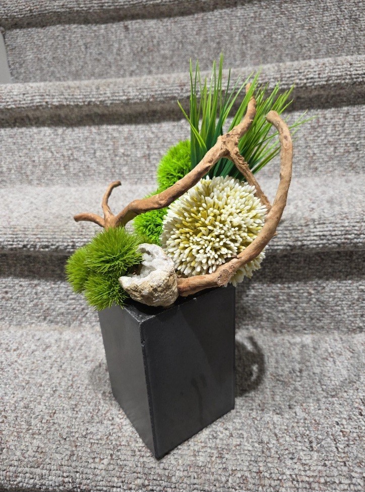 Zen Faux Floral Arrangement, Handmade Ikebana in Concrete Vase
