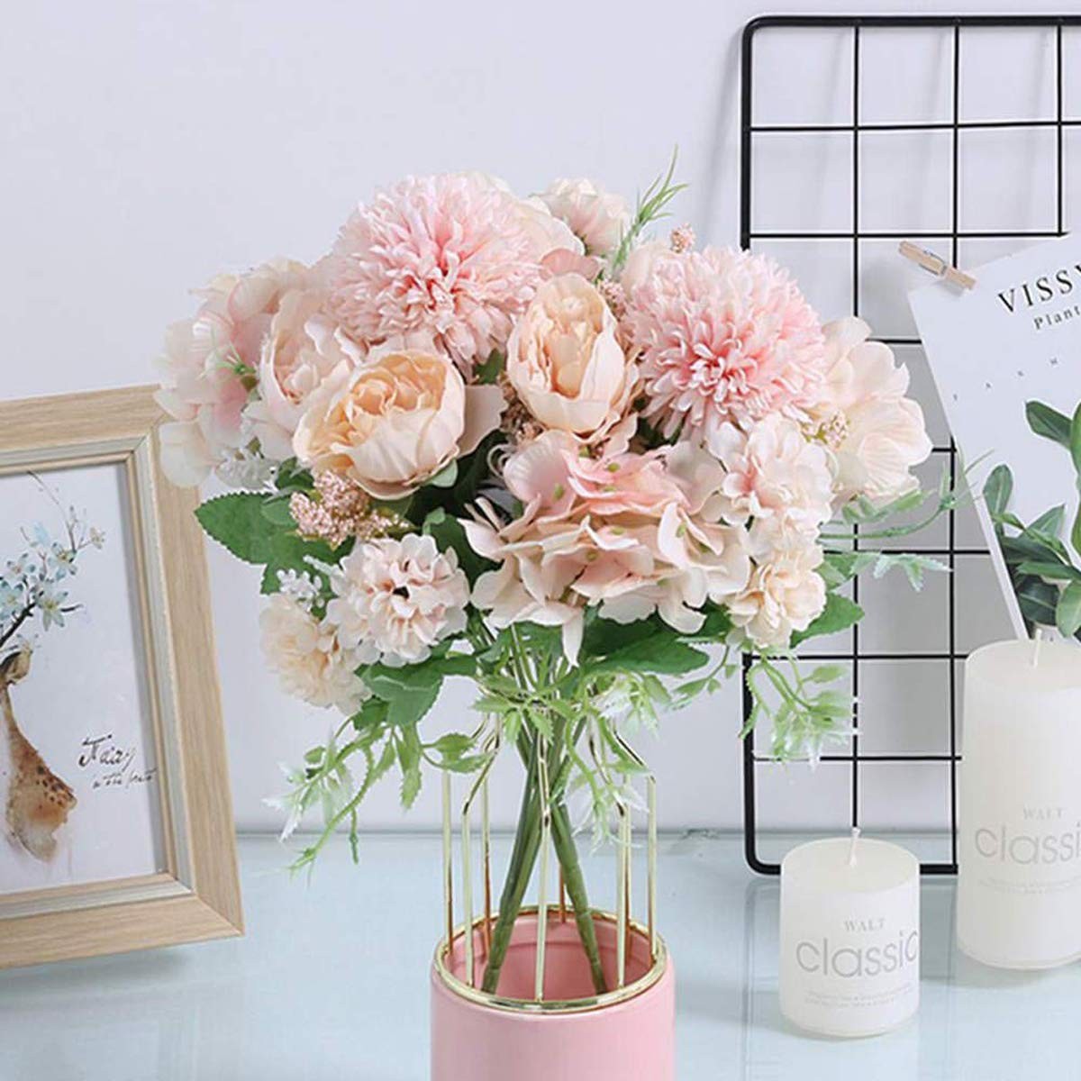 Artificial Flowers, 2 Pack Fake Peony Silk Hydrangea Bouquet Decor Plastic Ca…
