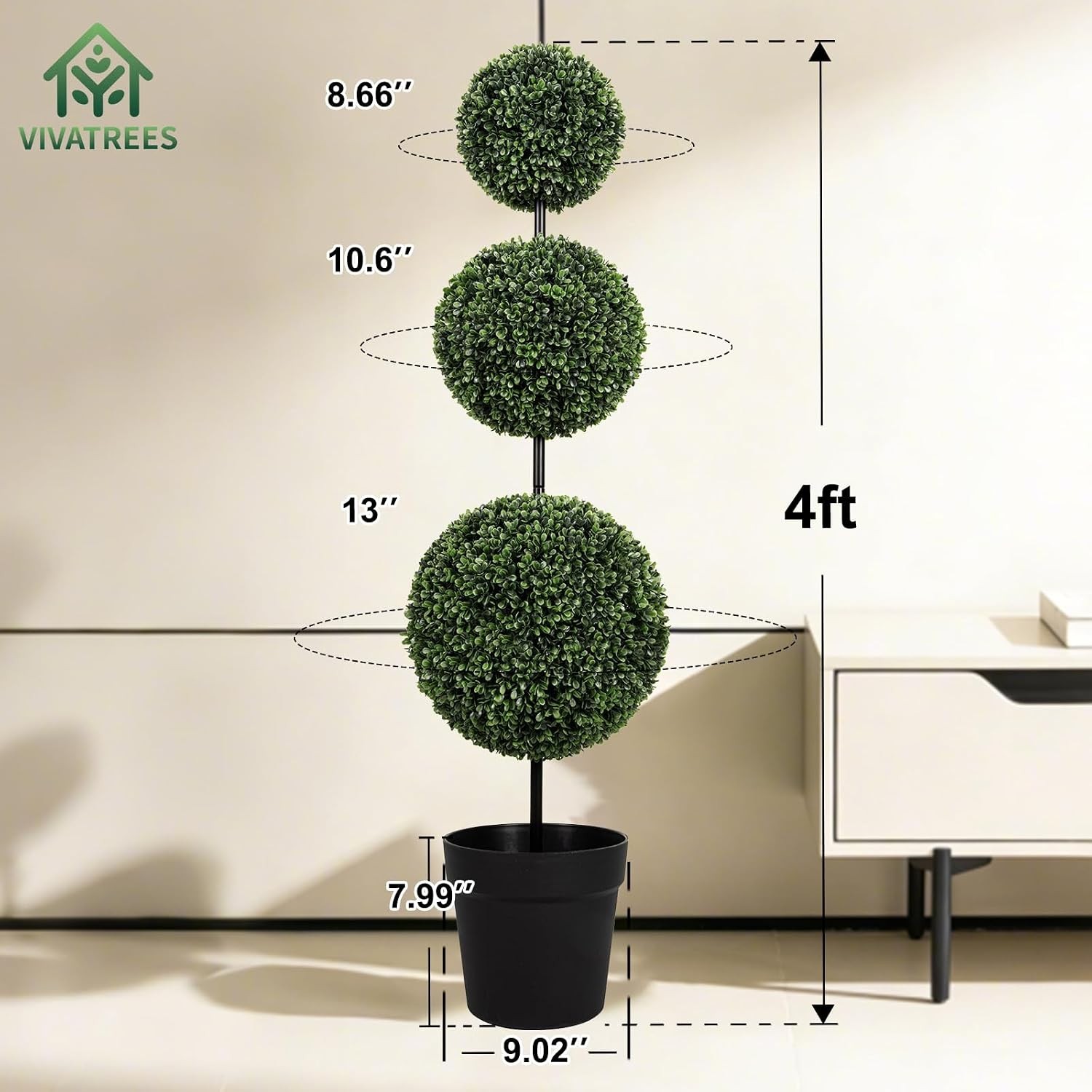 4FT UV-Resistant Artificial Triple Ball Boxwood Topiary Set of 2 All-Weather