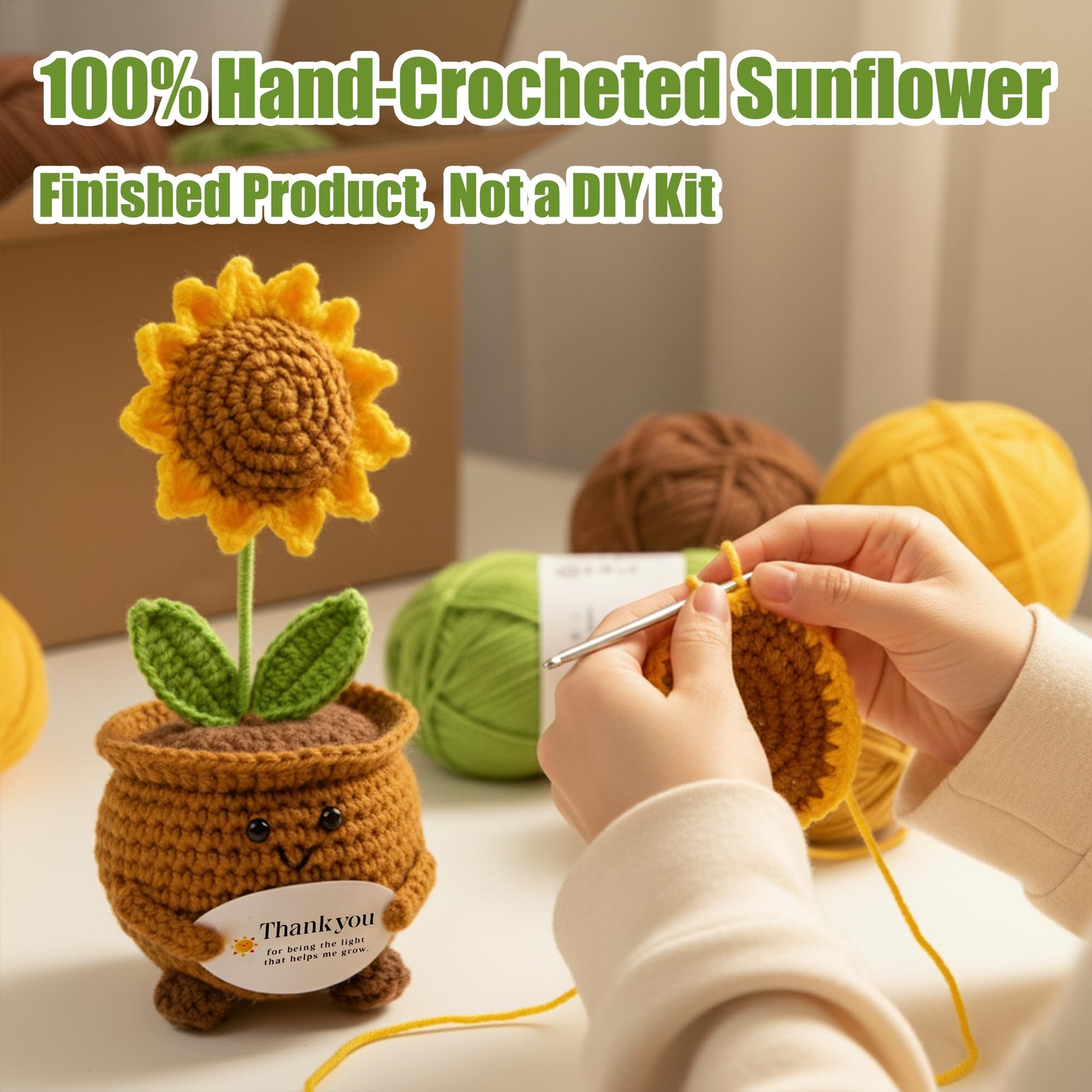8 Inch Handmade Crochet Sunflower Potted Plant, Large Knitted Artificial Flow…