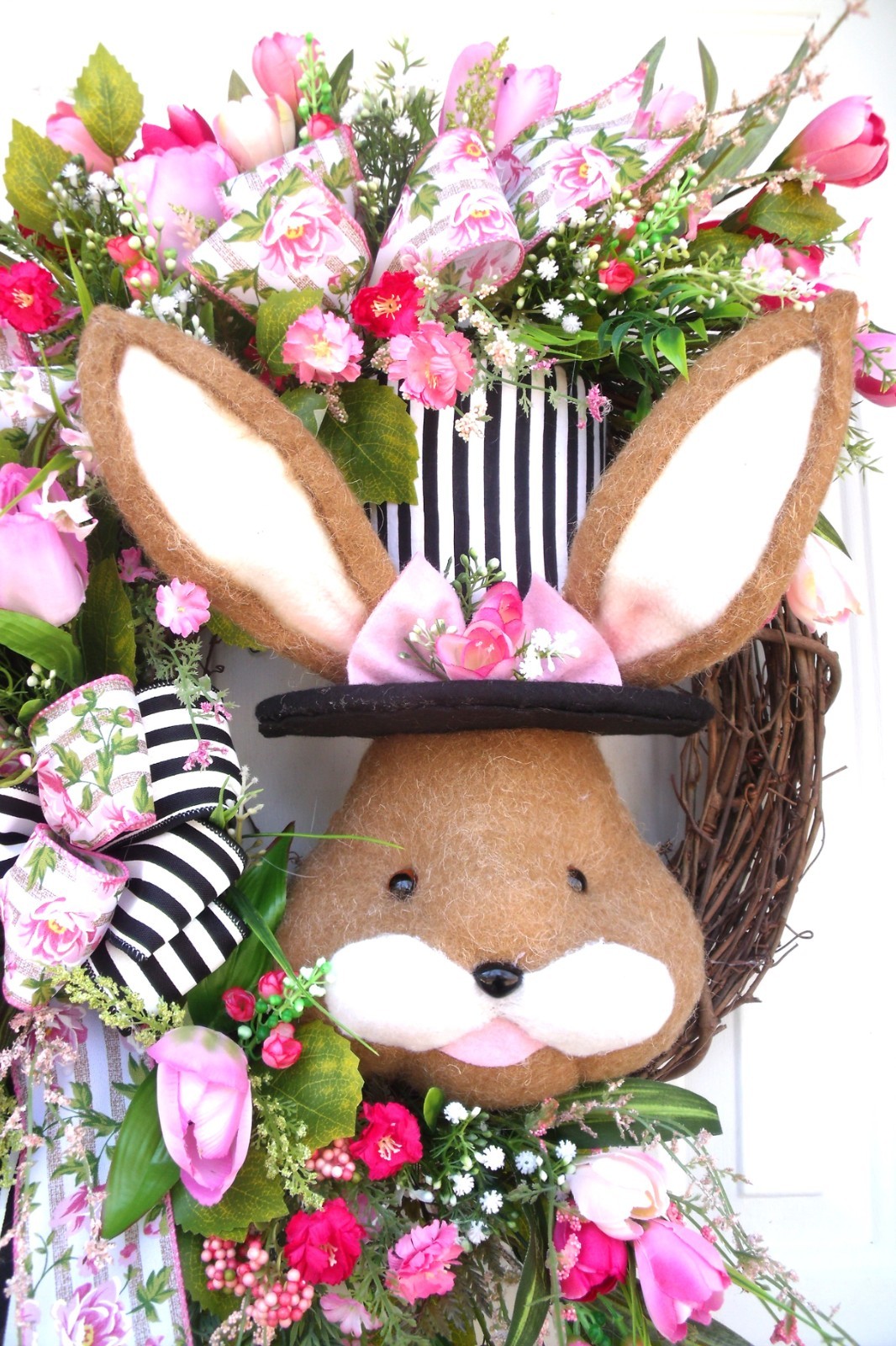Spring Easter Bunny Wreath, Door Decor Pinks/Black/Whites