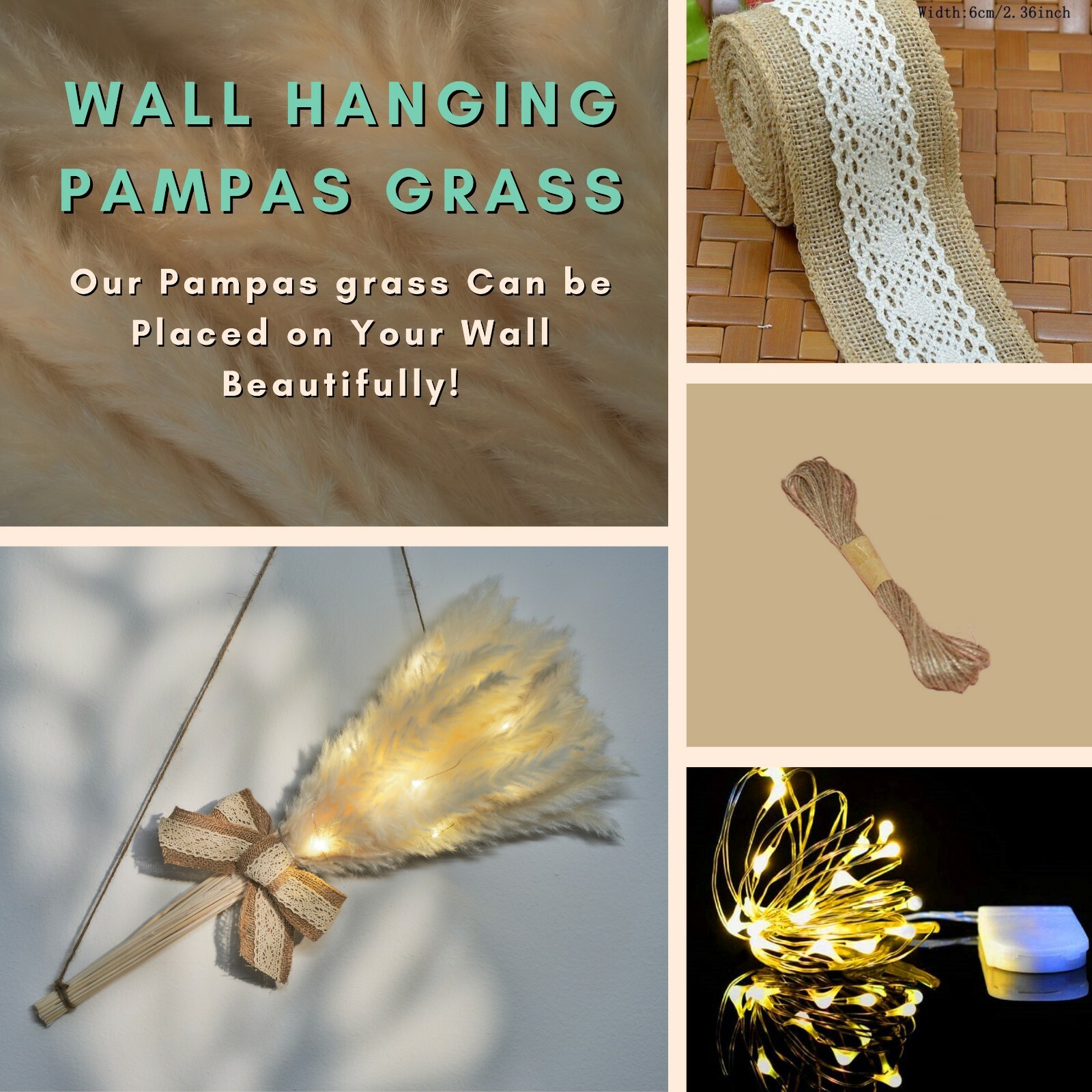 Fluffy City – 60 Pieces Natural Dried Pampas Grass with Wall Hanging Decor Set