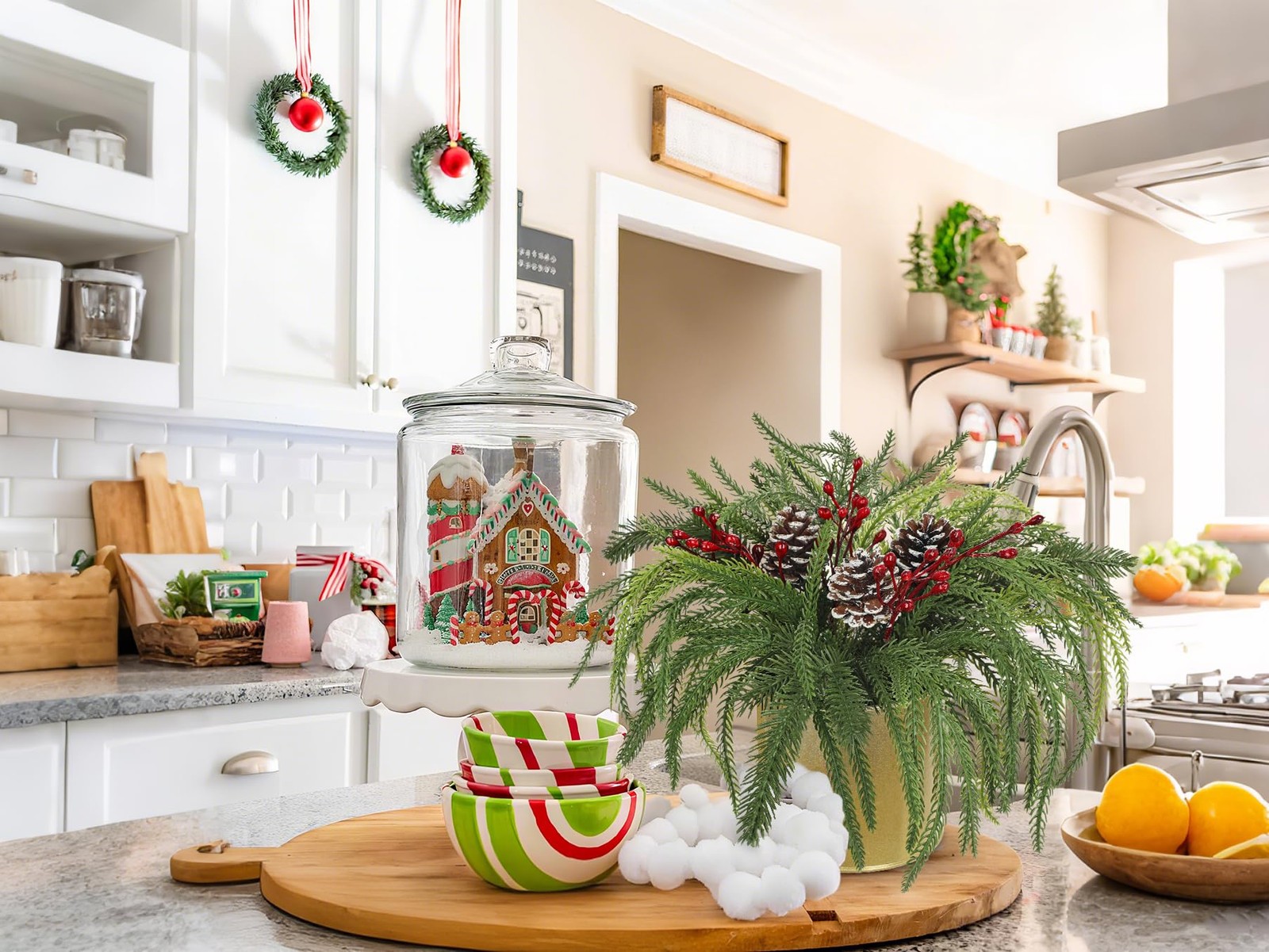 11 Inch Frosted Christmas Cedar Plant Gold Pot Pinecones Red Berries