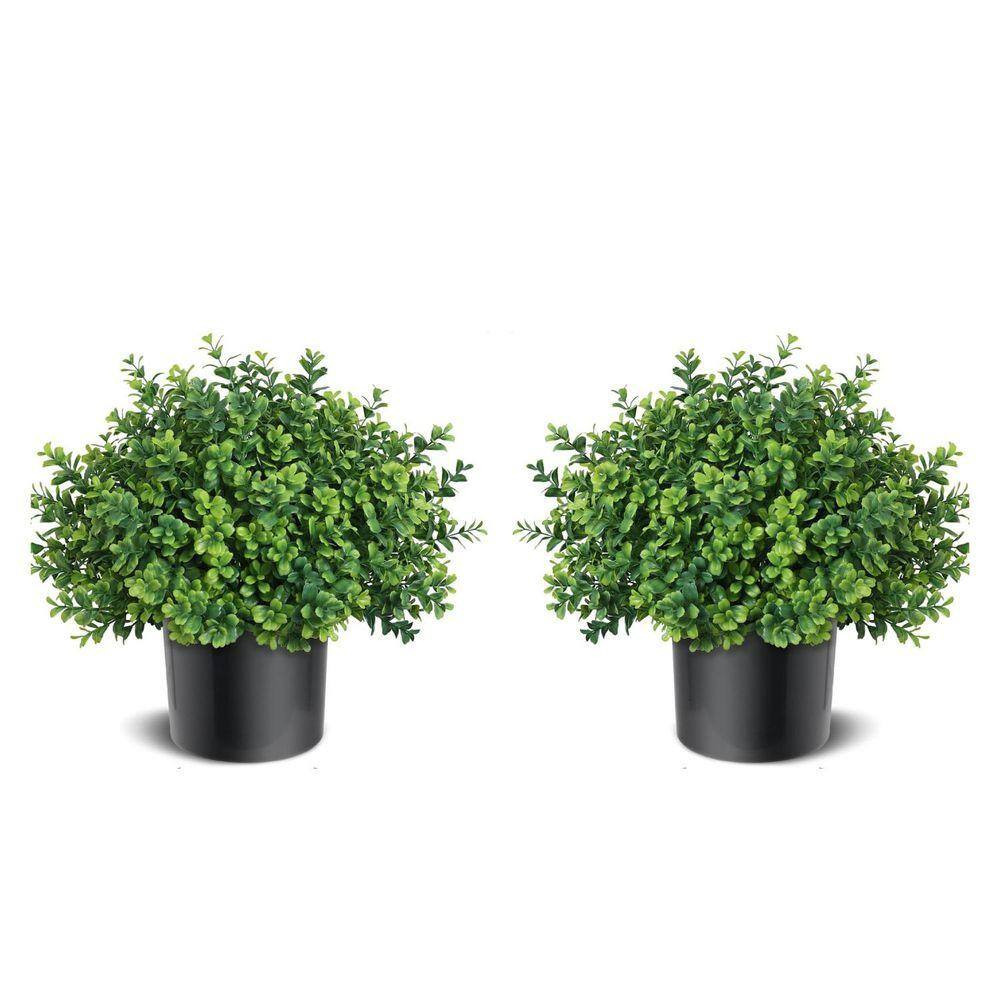 17 In. Green Indoor/Outdoor Artificial Boxwood Topiary Potted Plant Set 2-Pack U