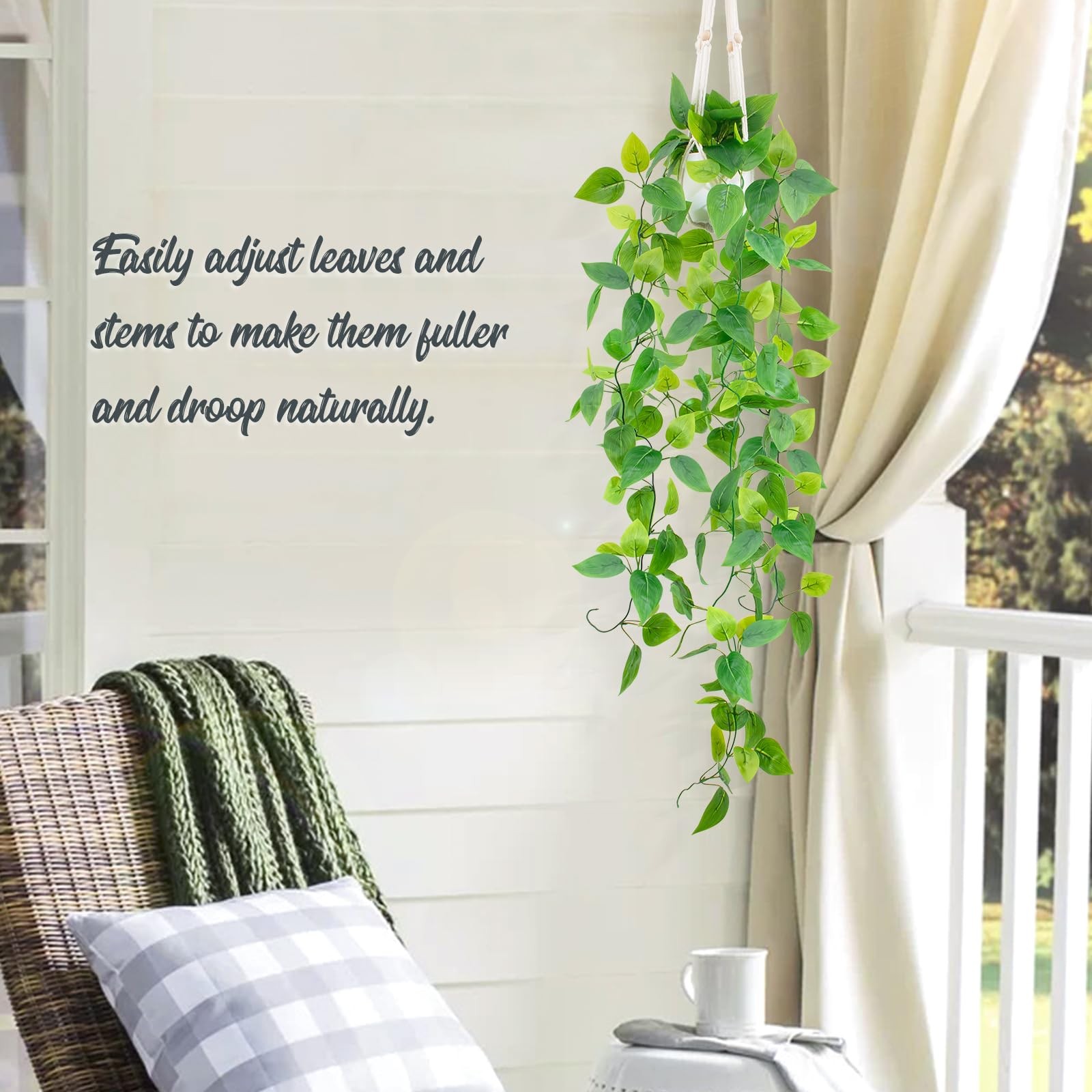 2 Pack 39 Inch Artificial Hanging Plant Kit Fake Pothos Vines White Pot