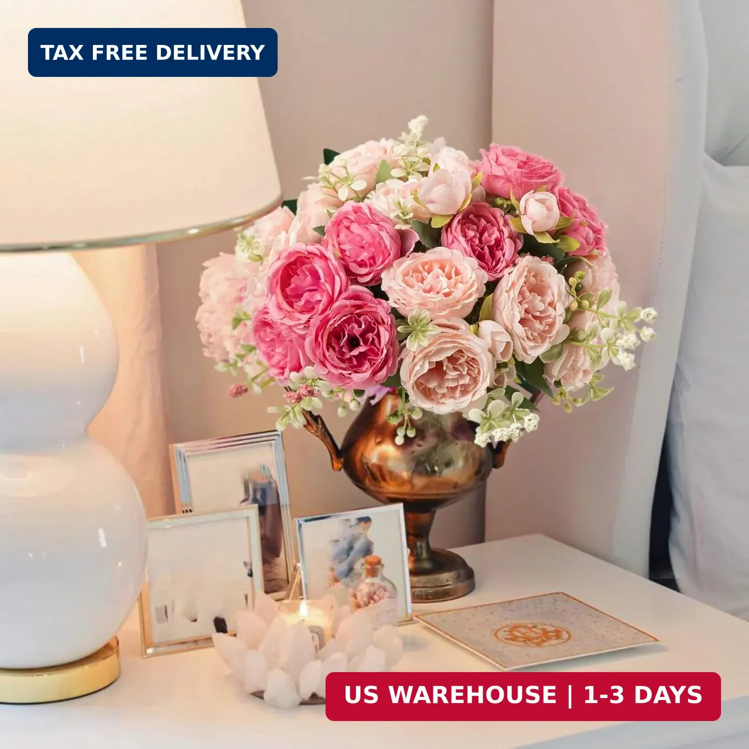 Artificial Peonies Silk Flowers, Pink Faux Peony Bouquet 4 Bundles Florals Arran