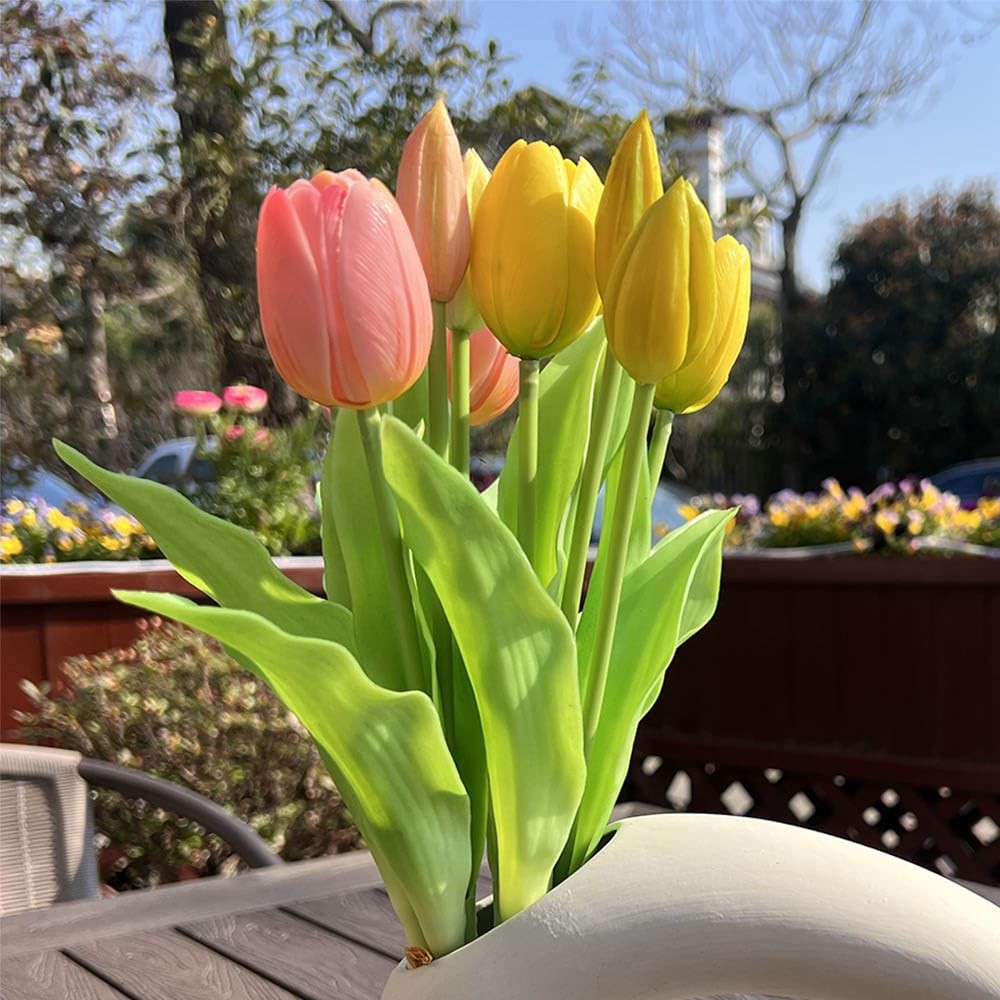 10 PCS Multicolor Artificial Tulip Bundle 6 Tulips 4 Buds Real Touch Wedding