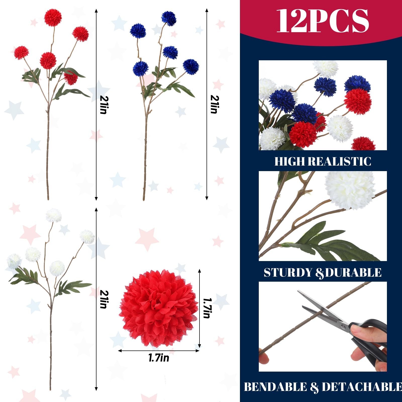 24 Bundles 4th of July Red Blue White Artificial Flowers for Outdoor Patrioti…
