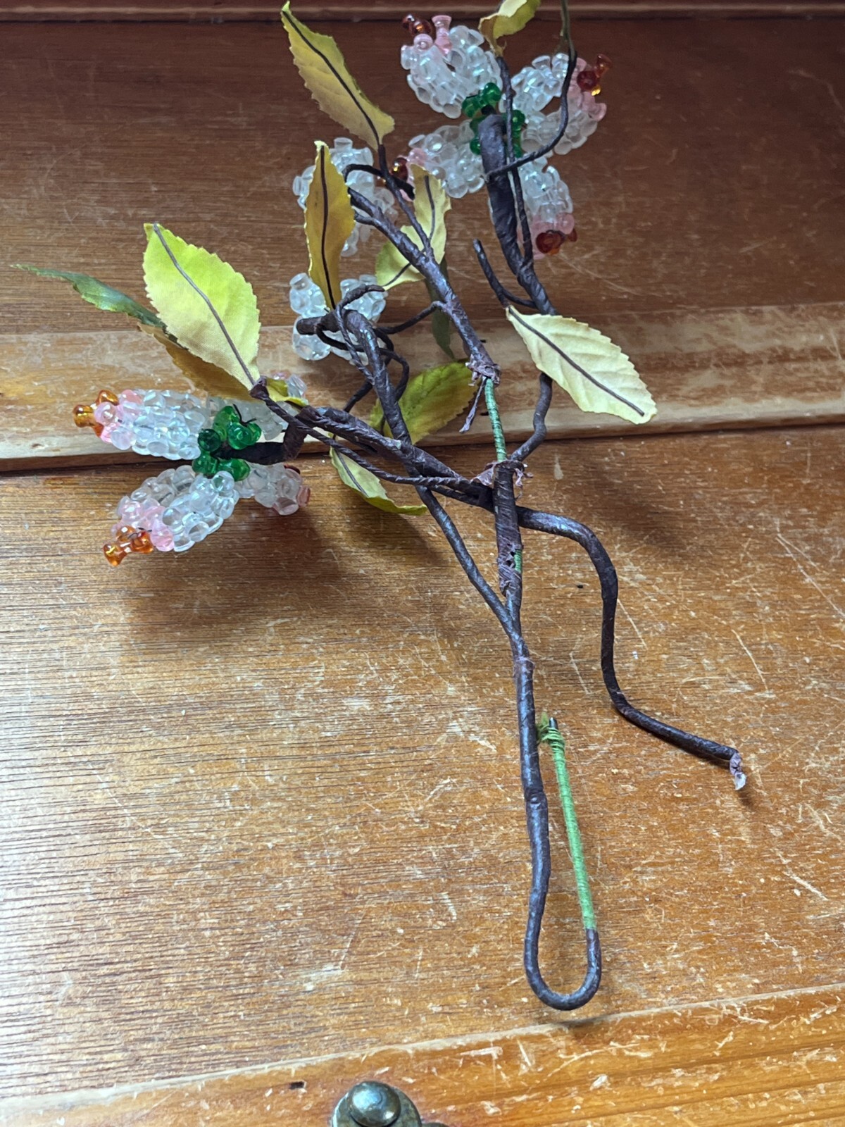 Hand Made Clear Pink & Orange Plastic Flowers w Green Silk Leaves –