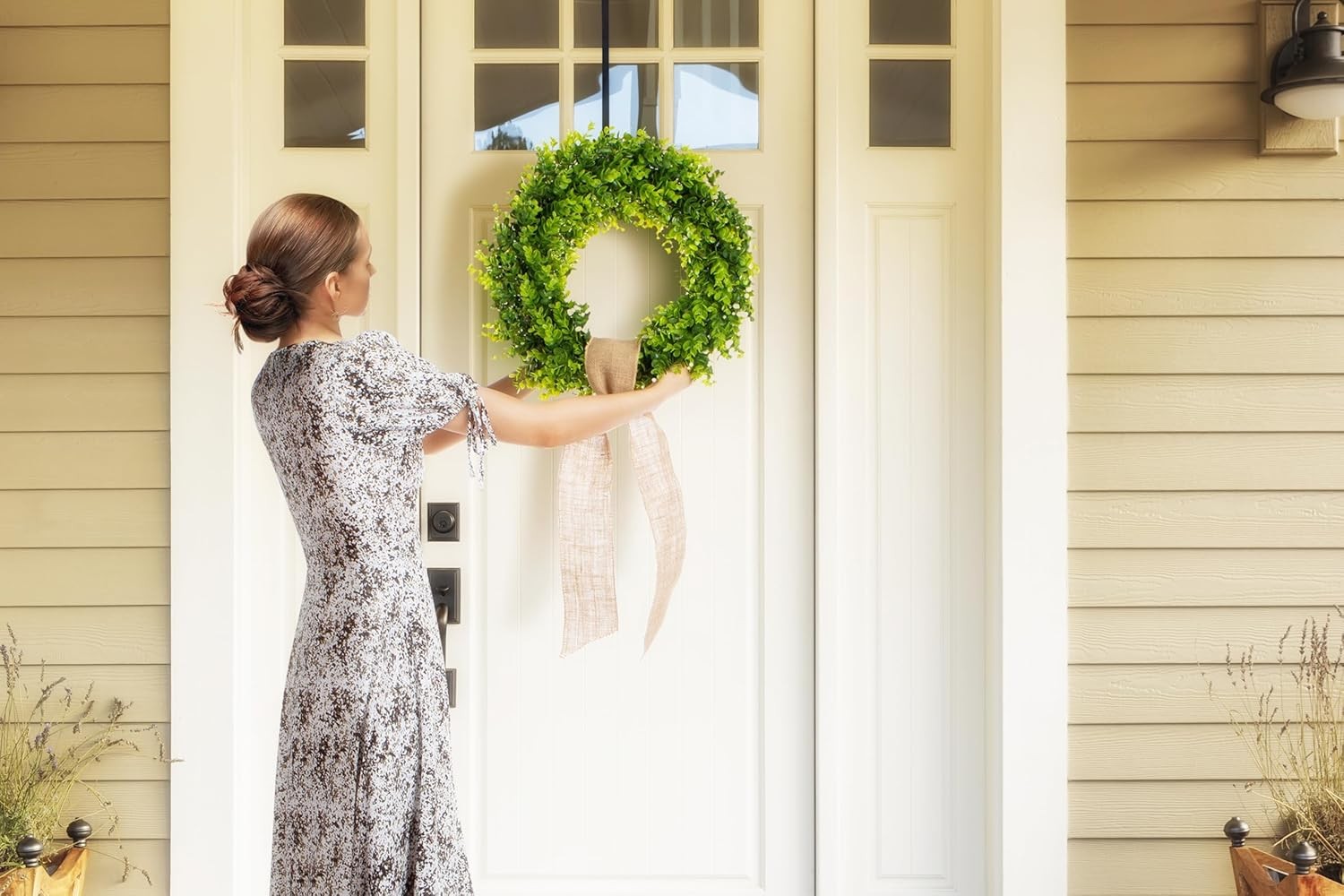 20″ Artificial Boxwood Wreath with Burlap Ribbon – UV-Resistant Weatherproof