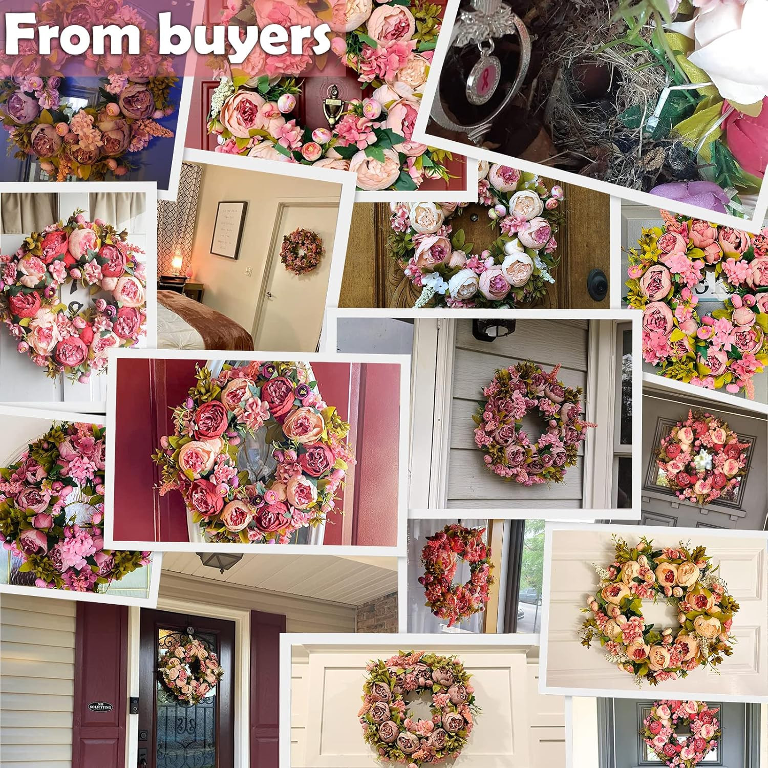 Artificial Peony Flower Wreath 19Inch Vintage Blooming Silk Peonies Spring Summe