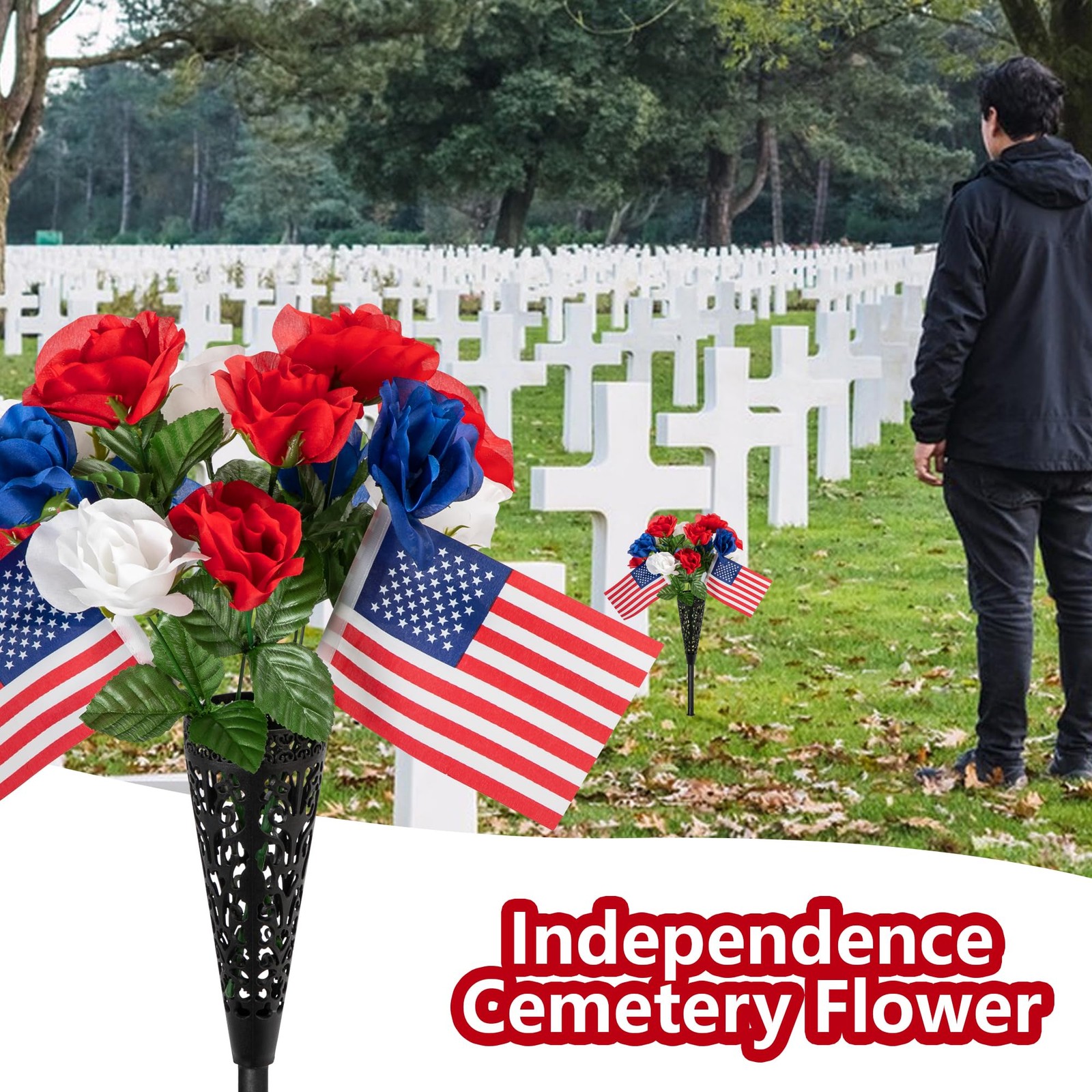 4 Bunches Memorial Day Artificial Flowers, Red Blue White Cemetery Flower wit…