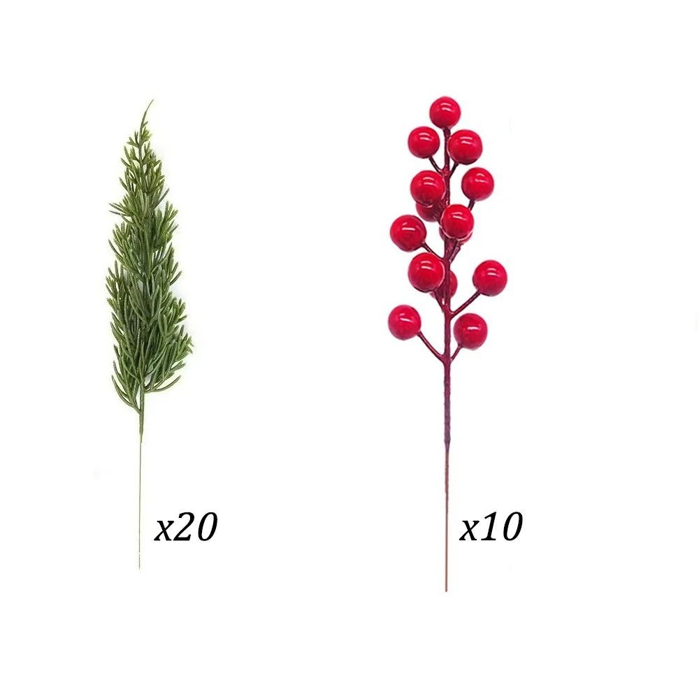 30Pcs Set Christmas Norfolk Artificial Pine Stems with Red Berry Real Touch Fas