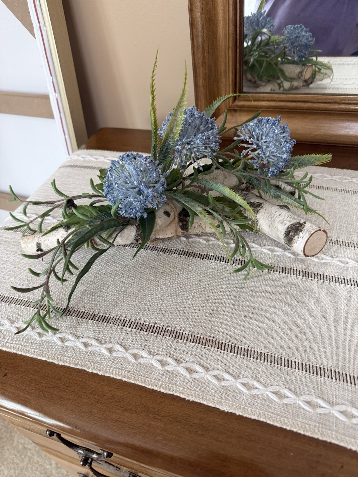 Rustic Faux Floral Arrangement Birch Log Centerpiece Blue Allium Flowers 12″