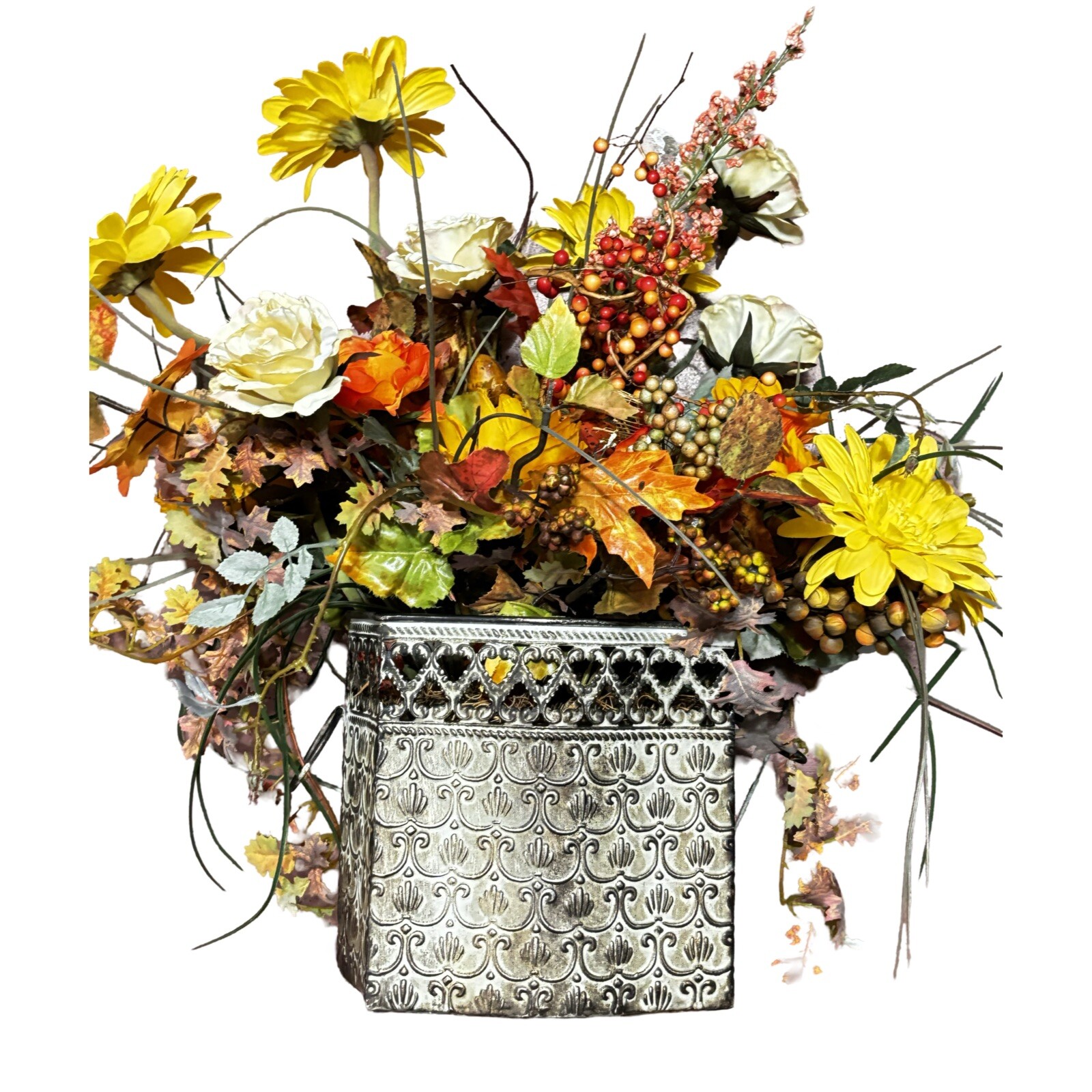 Fall Silk Flower Arrangement Preowned Orange/Gold/Green Centerpiece
