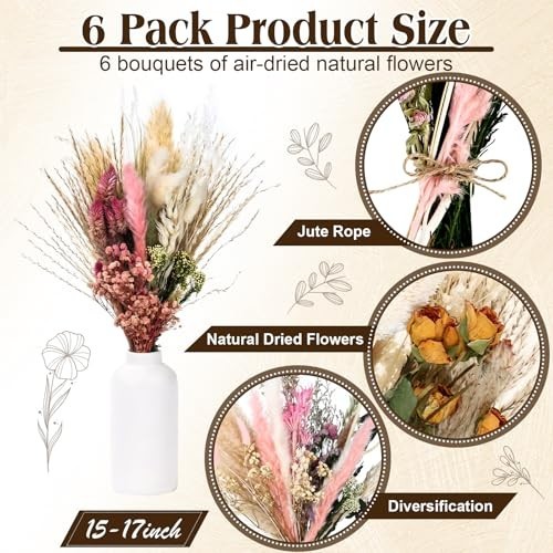 Large Dried Flower Bouquet 6 Bunches Pink Pampas Grass & Roses for Boho Decor