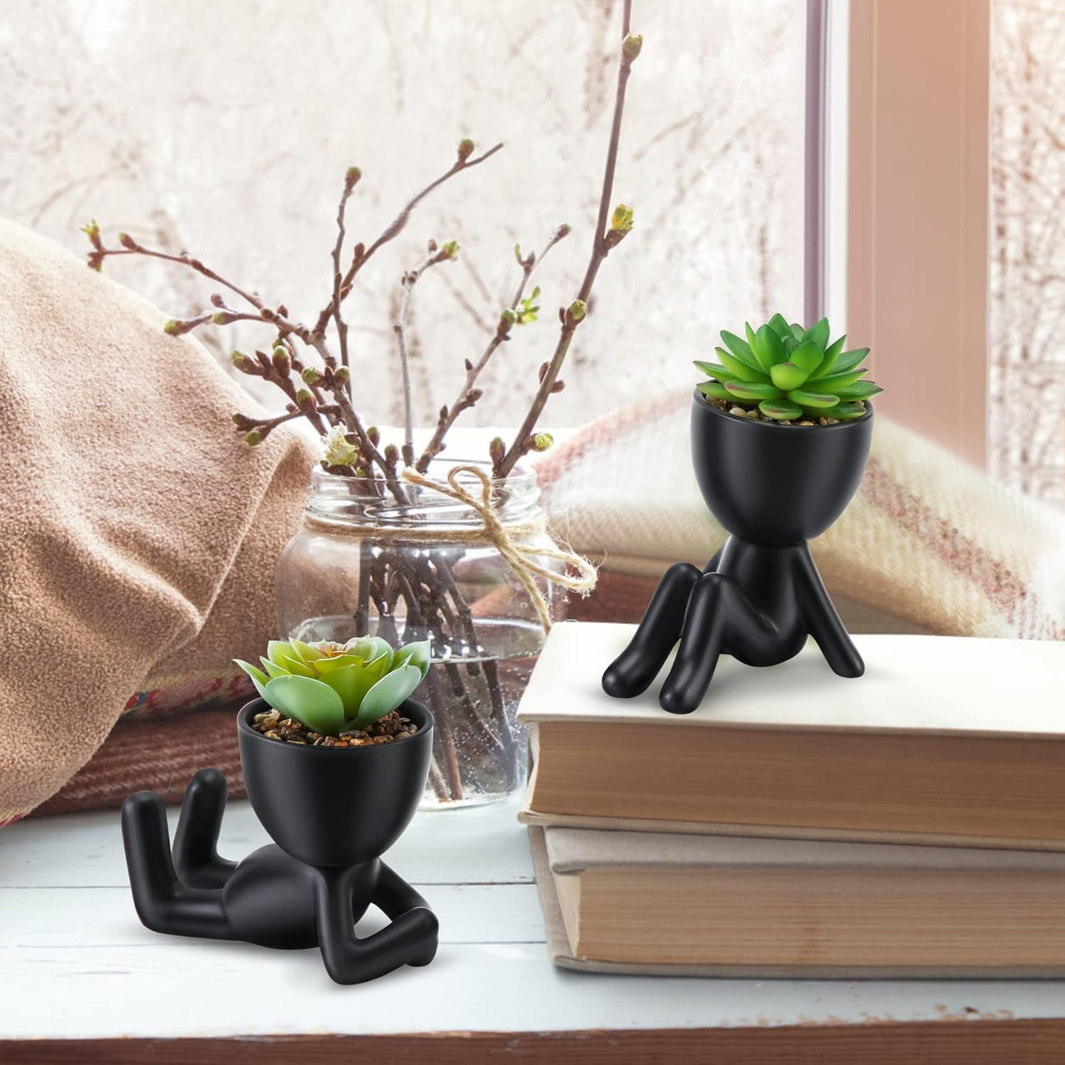 Fake Succulent, Mini Succulents Plants Artificial in Black Modern Human Shaped C