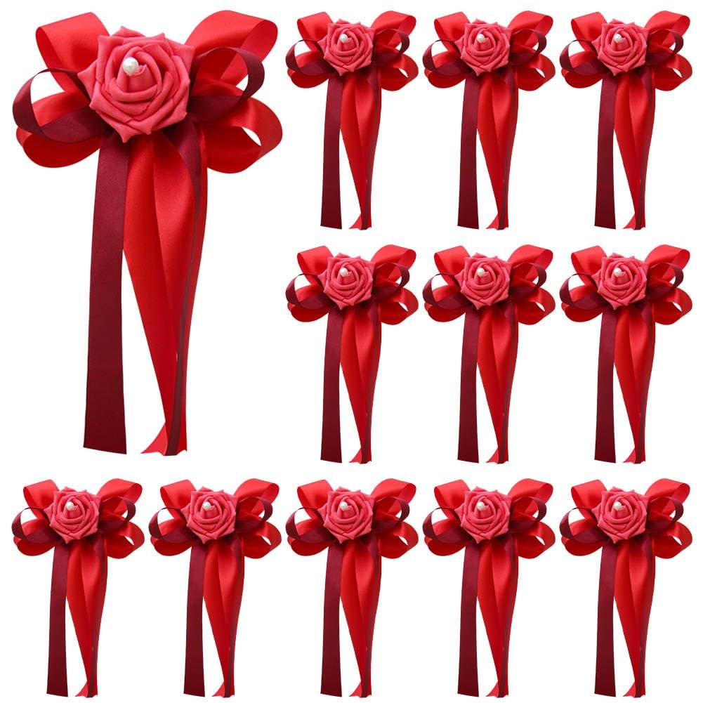 12 PCS Wedding Car Flower Decoration Artificial Rose Ribbon Bows Red