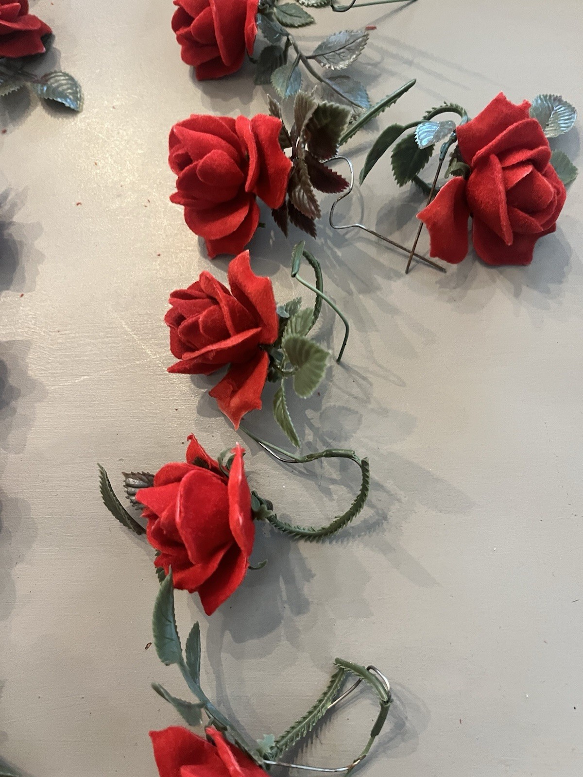 Vintage 29 flocked Plastic Red Roses Wired -6 NOS & 23 Unbagged Floral Decor