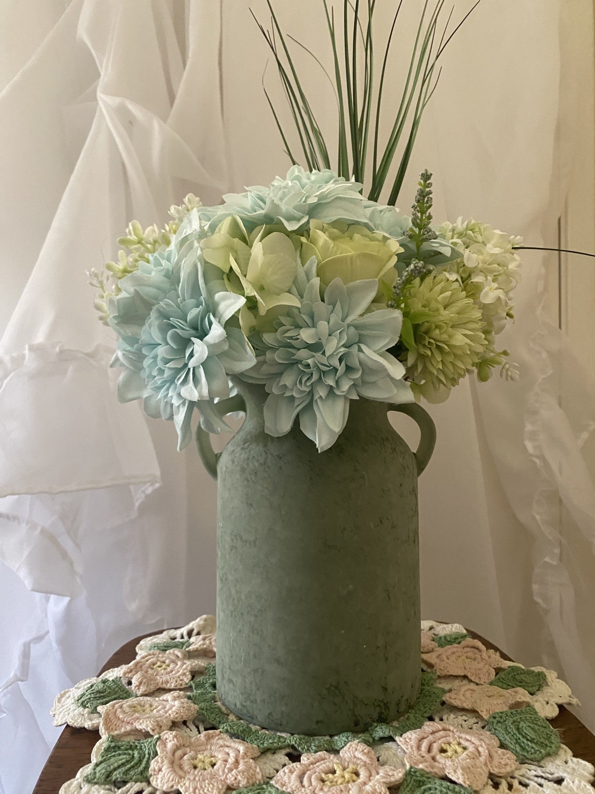 Summer Dahlias & Seafoam Green Roses in a Lovely Glass Jug Style Vase Flower