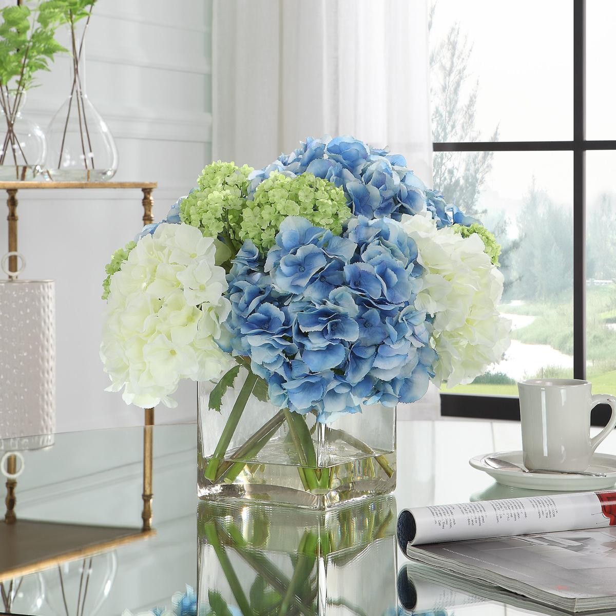 Uttermost 60200 Providence Hydrangea White and Blue with Clear Glass Bouquet