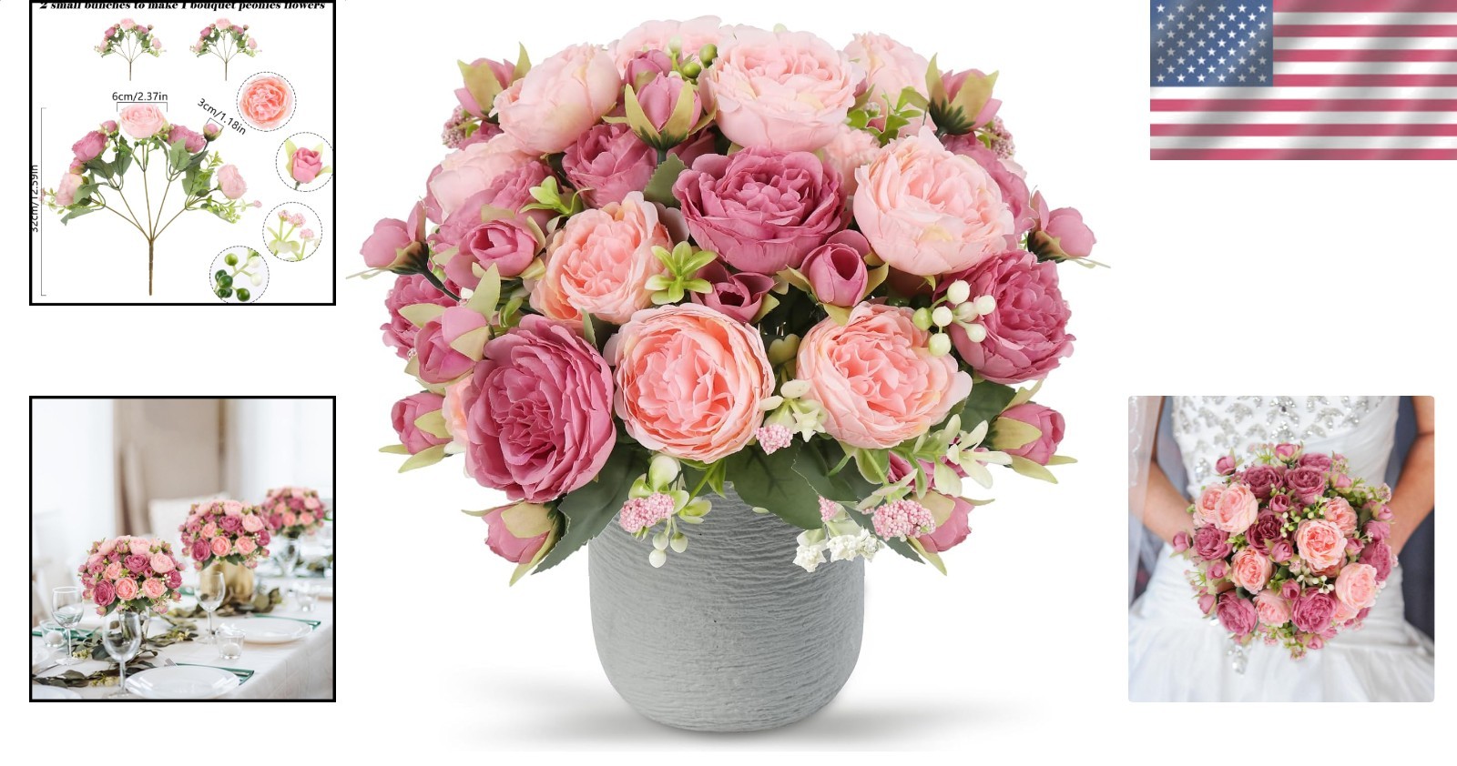 Artificial Peonies Silk Flowers Pink Faux Bouquet 2 Bunches Floral Decor