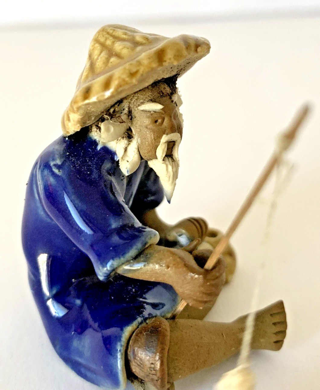 Vintage Lot of 3 Pcs Glazed Pagoda 2 Chinese Mudmen Mud Figure Fishermen Bonsai