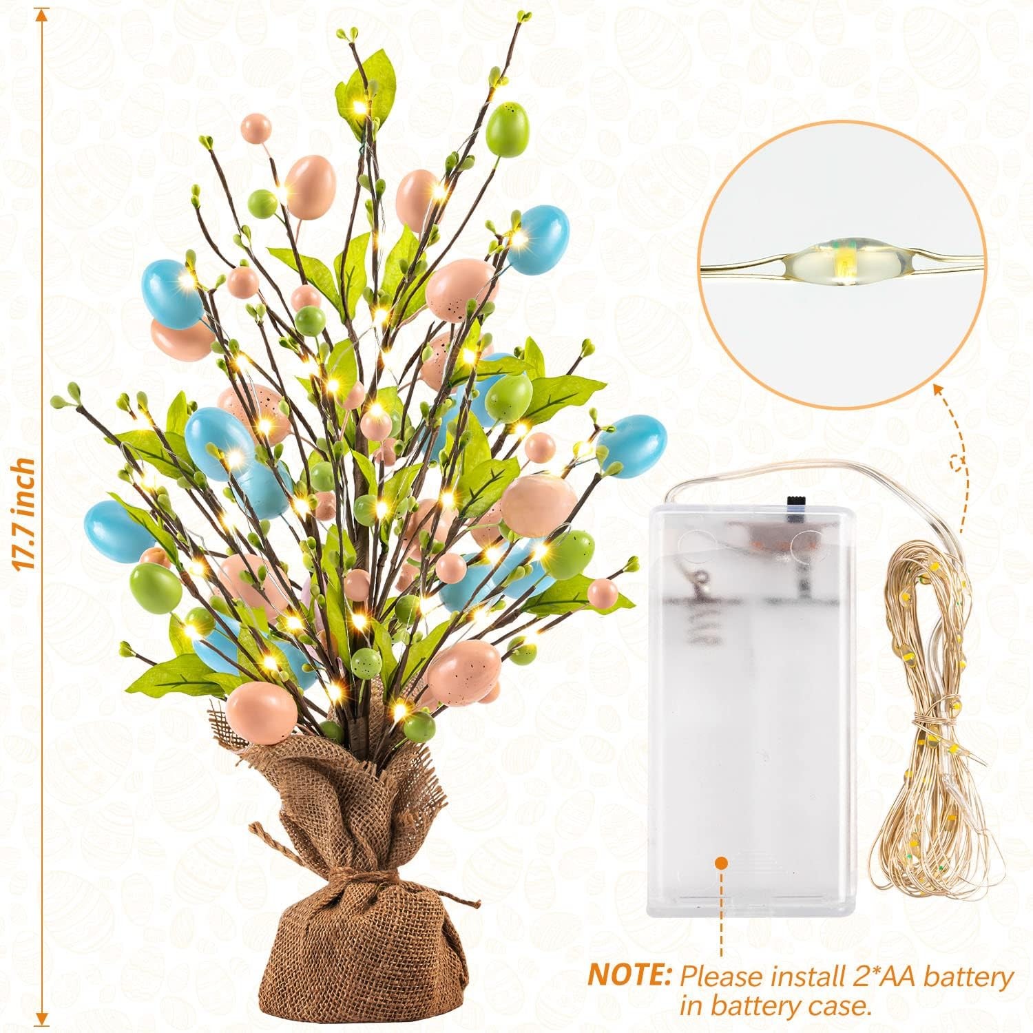 Easter Egg Table Tree Decor 18 Inch Pearl Tree With Hanging String Lights