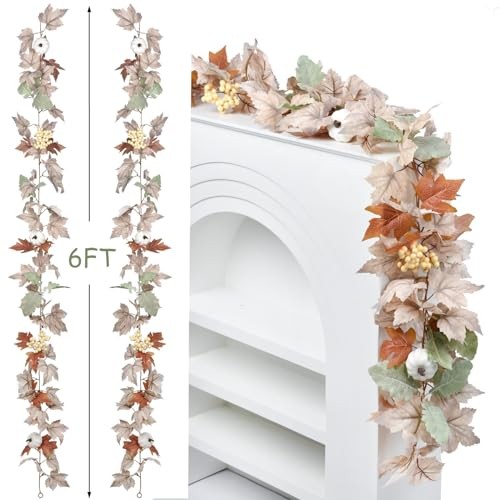 2 Pack Fall Maple Leaf Hanging Vine Garland Artificial Autumn White&green