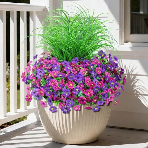 Artificial Flowers for Outdoors, 14 Bundles UV Resistant Fake Double Purple