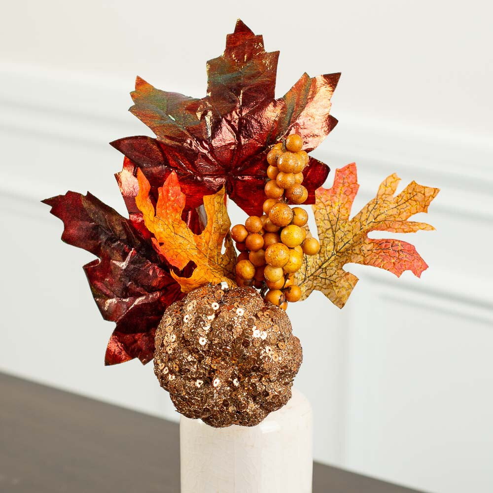 Set of 4 Glitzy Artificial Fall Pumpkin and Maple Leaf 12″ Floral Sprays