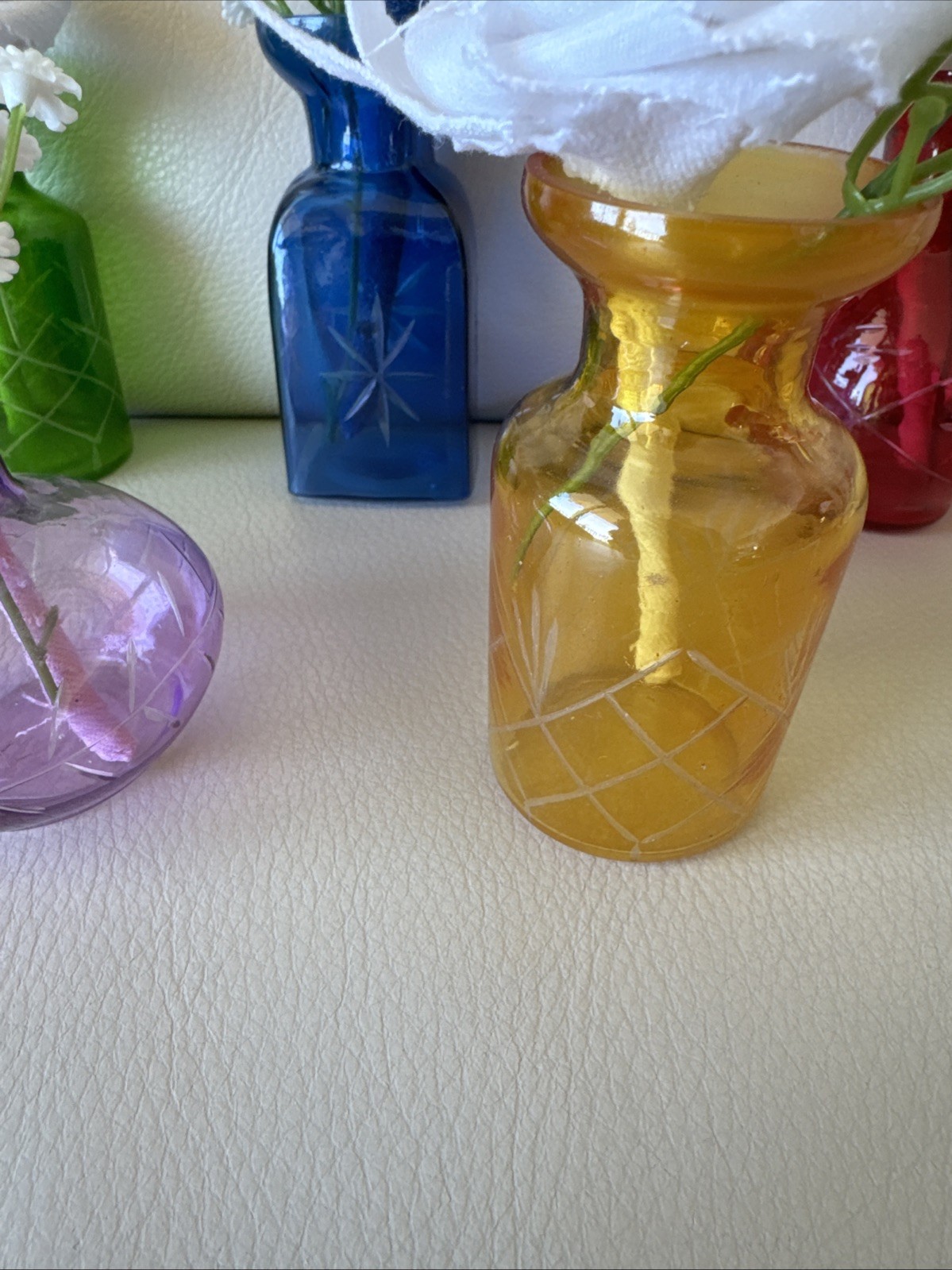 Five Small Upcycled 3 1/2” Vases With Coordinating Colors Handmade Denim Roses