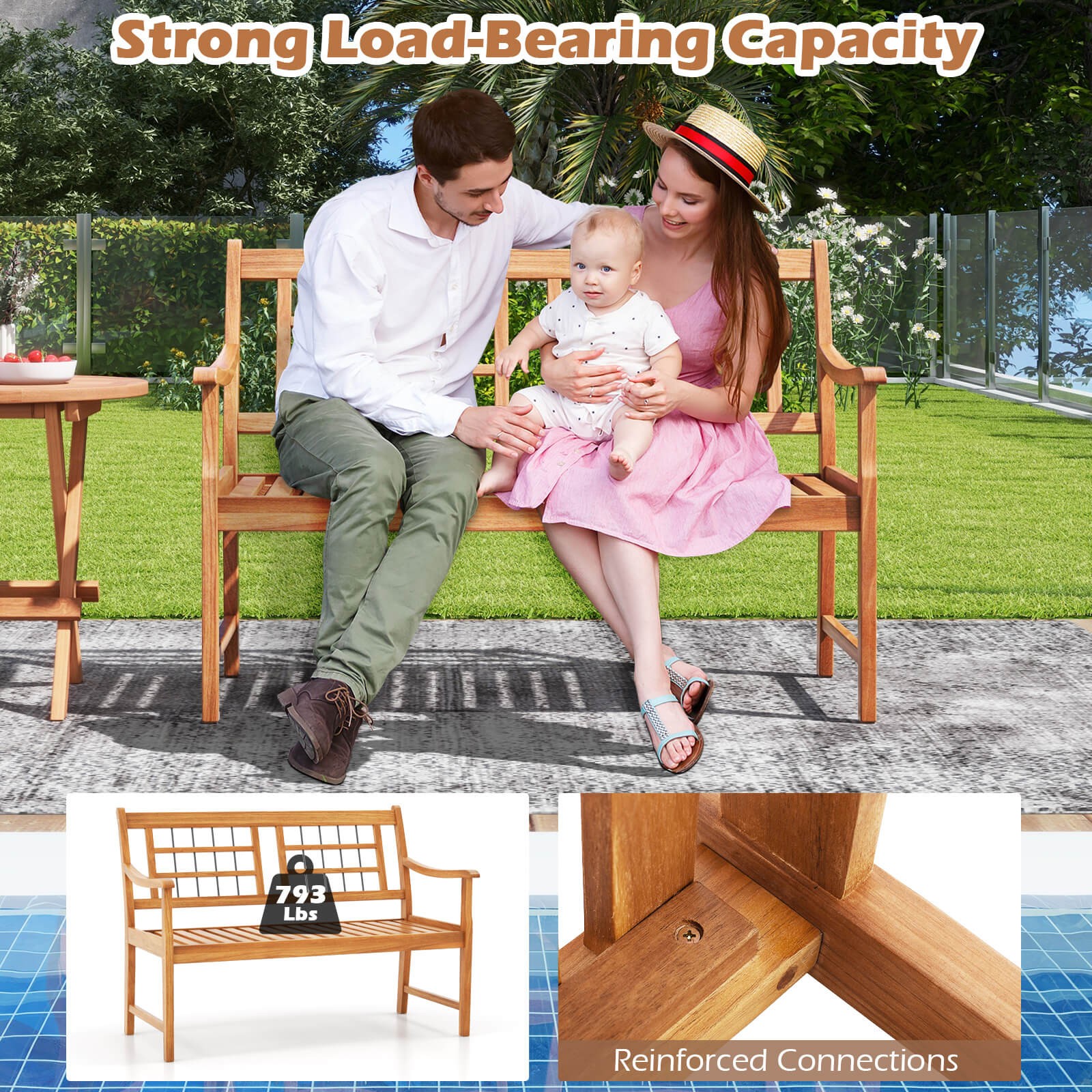 2-Person Patio Bench Outdoor Acacia Wood Bench w/ Slatted Seat & Backrest