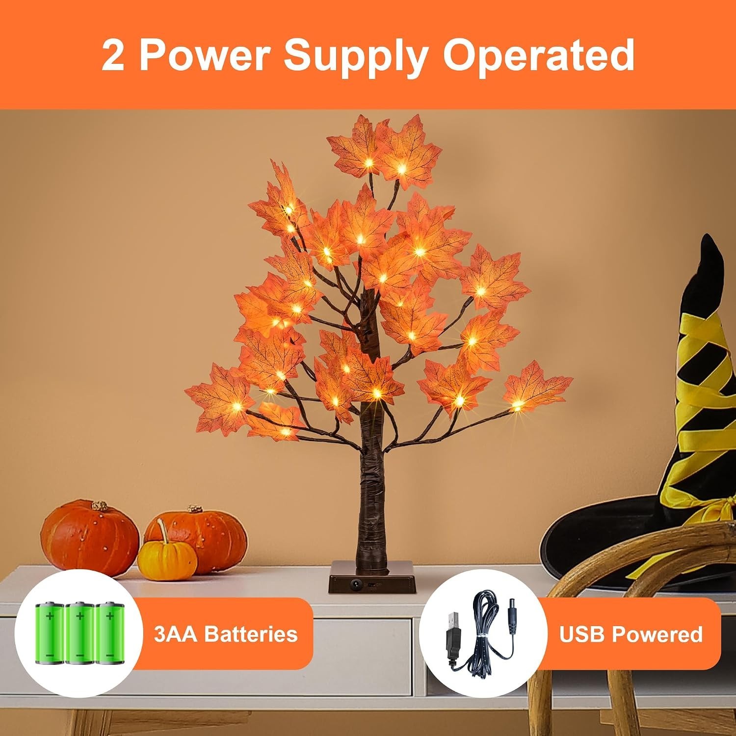 24IN Lighted Maple Tree for Fall Decorations, USB & Battery Operated with Tim…